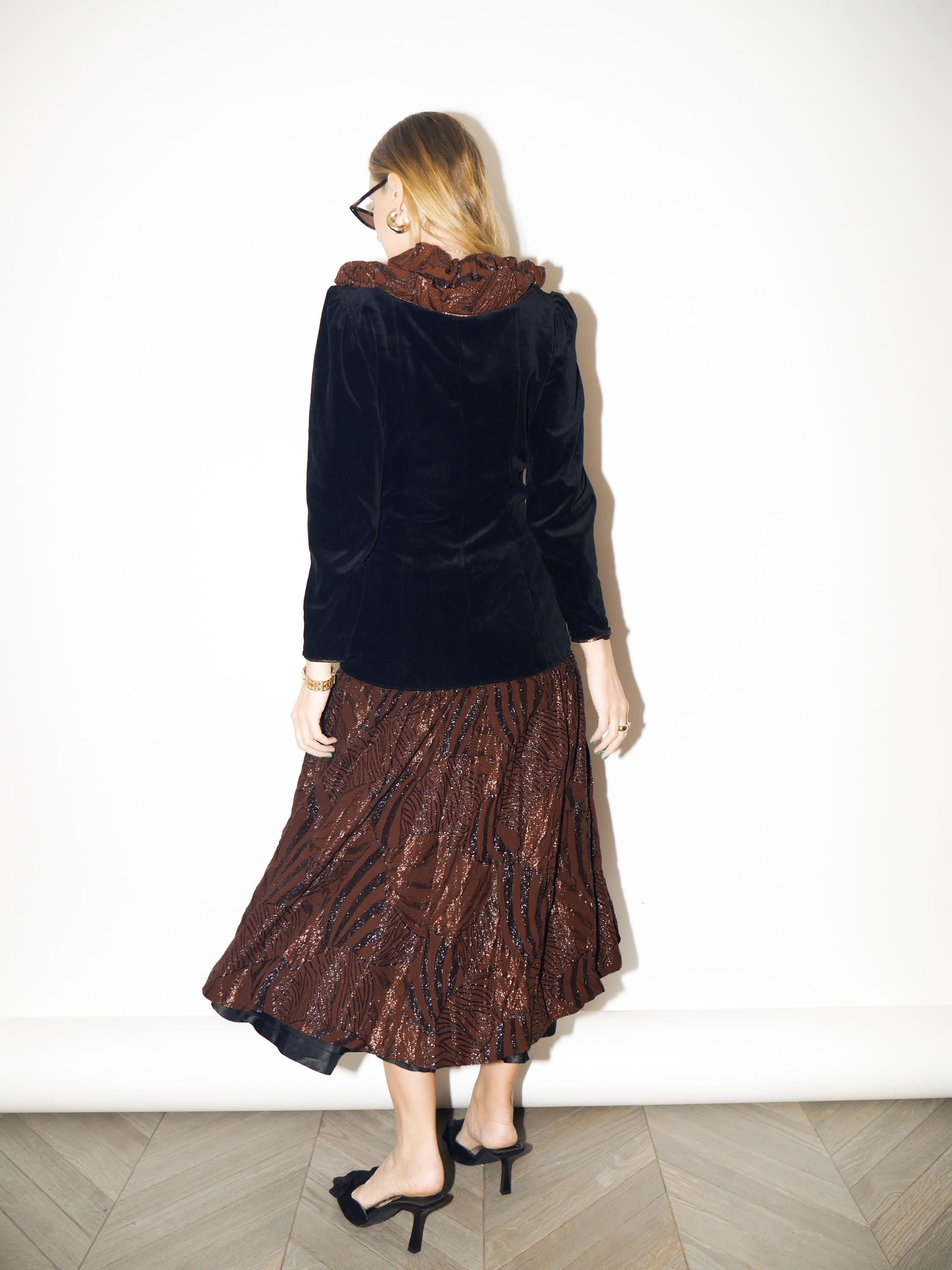 VINTAGE Evening Dress in Black Velvet from 1980s | Brown Midi Metallic Dress