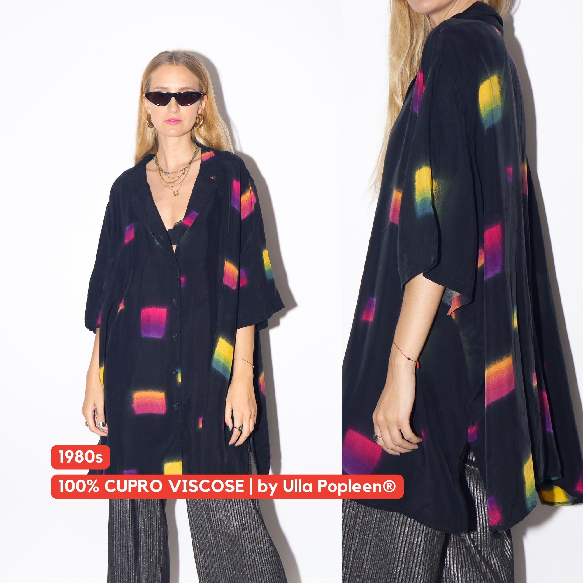 1980s Black Cupro Viscose Oversize Shirt - Vintage Buttoned Shirt with Painted Squares by Ulla Popleen, Retro Fashion Clothing for Women
