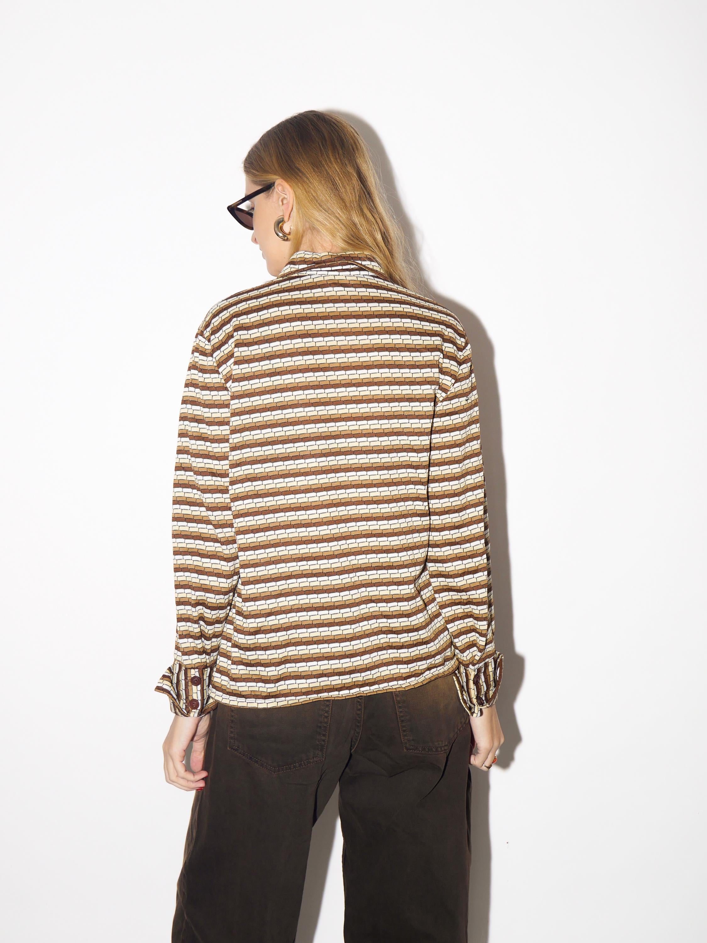 VINTAGE blouse from 1970s with statement collar in beige brown stripes by Apart®
