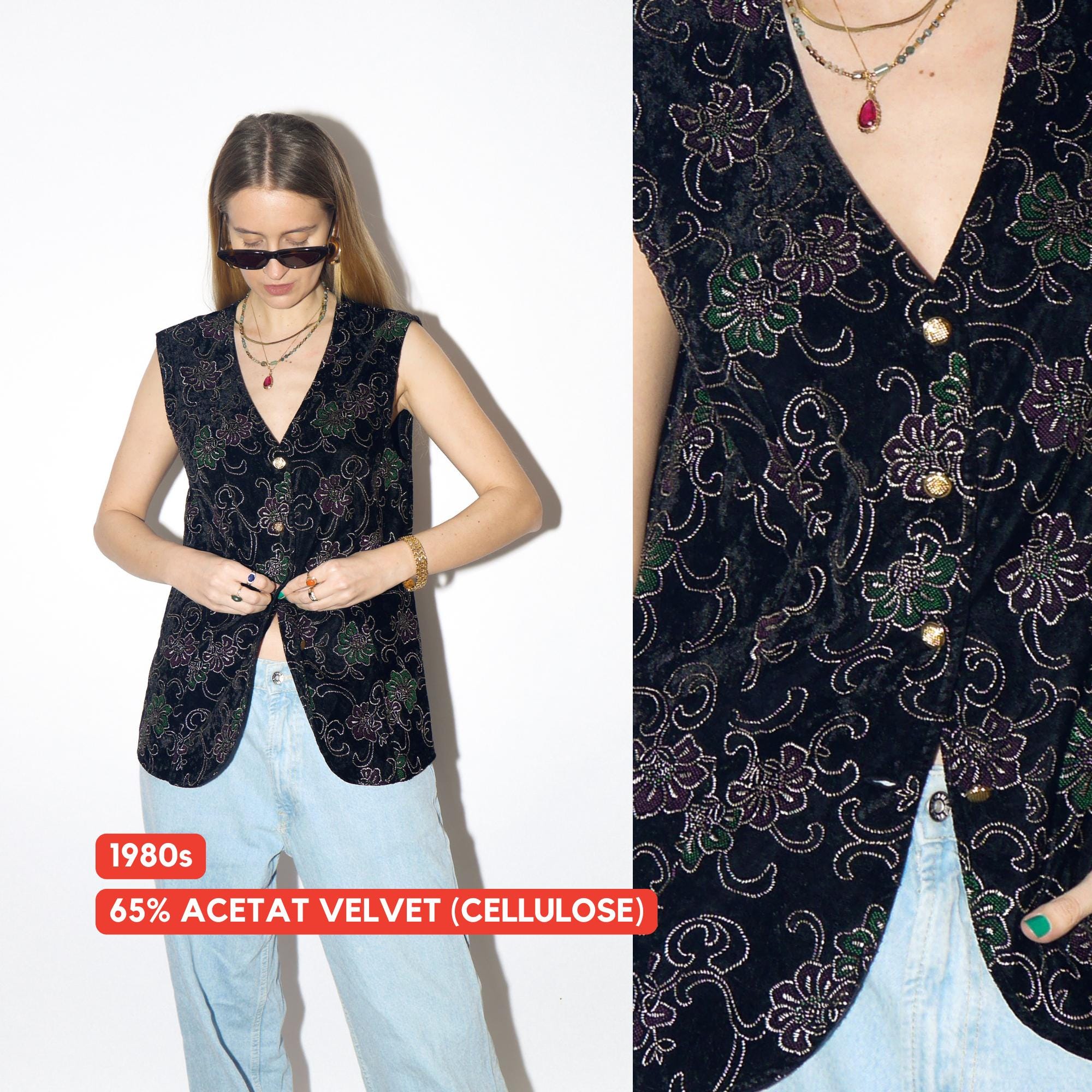 VINTAGE black velvet vest from 1980s in gold floral embroidery from acetate