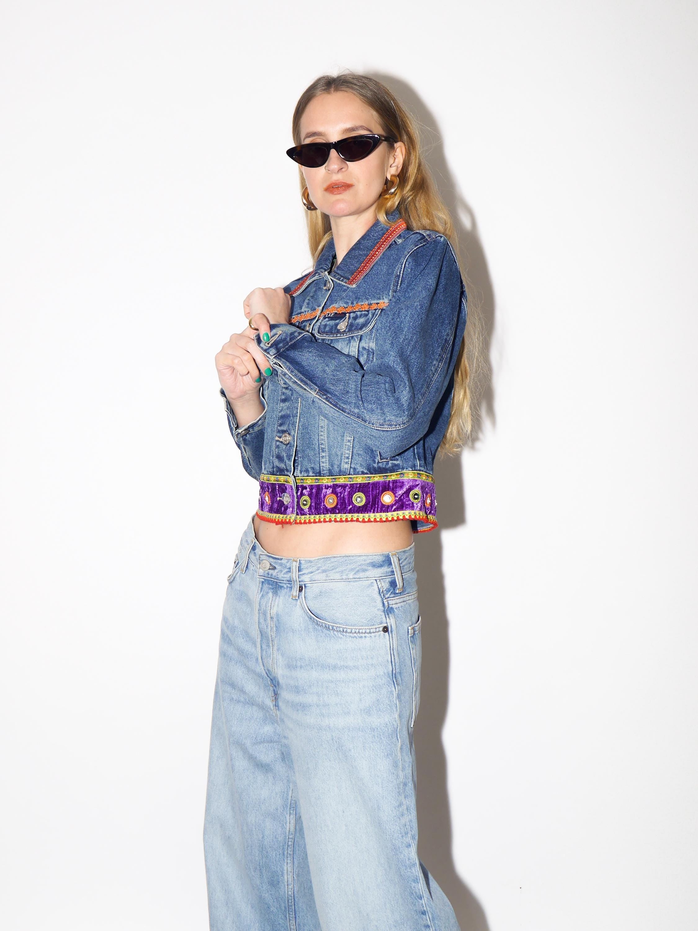 VINTAGE Cropped Jeans Jacket with Hippie Boho Elements from 1990s