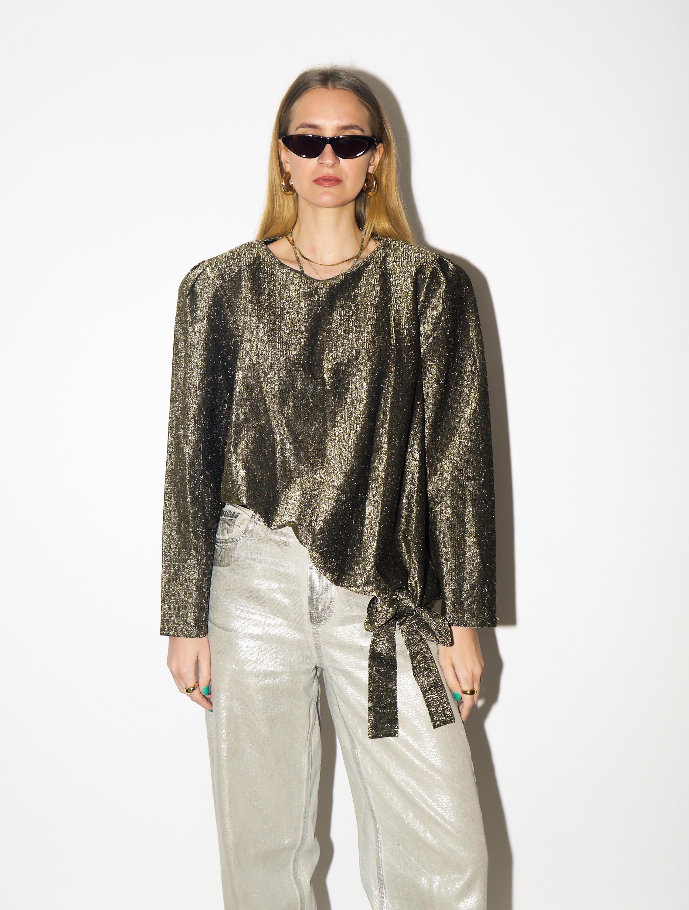 VINTAGE Gold Metallic Blouse from 1980s | Bow Detail & Big Shoulder Pads Blouse
