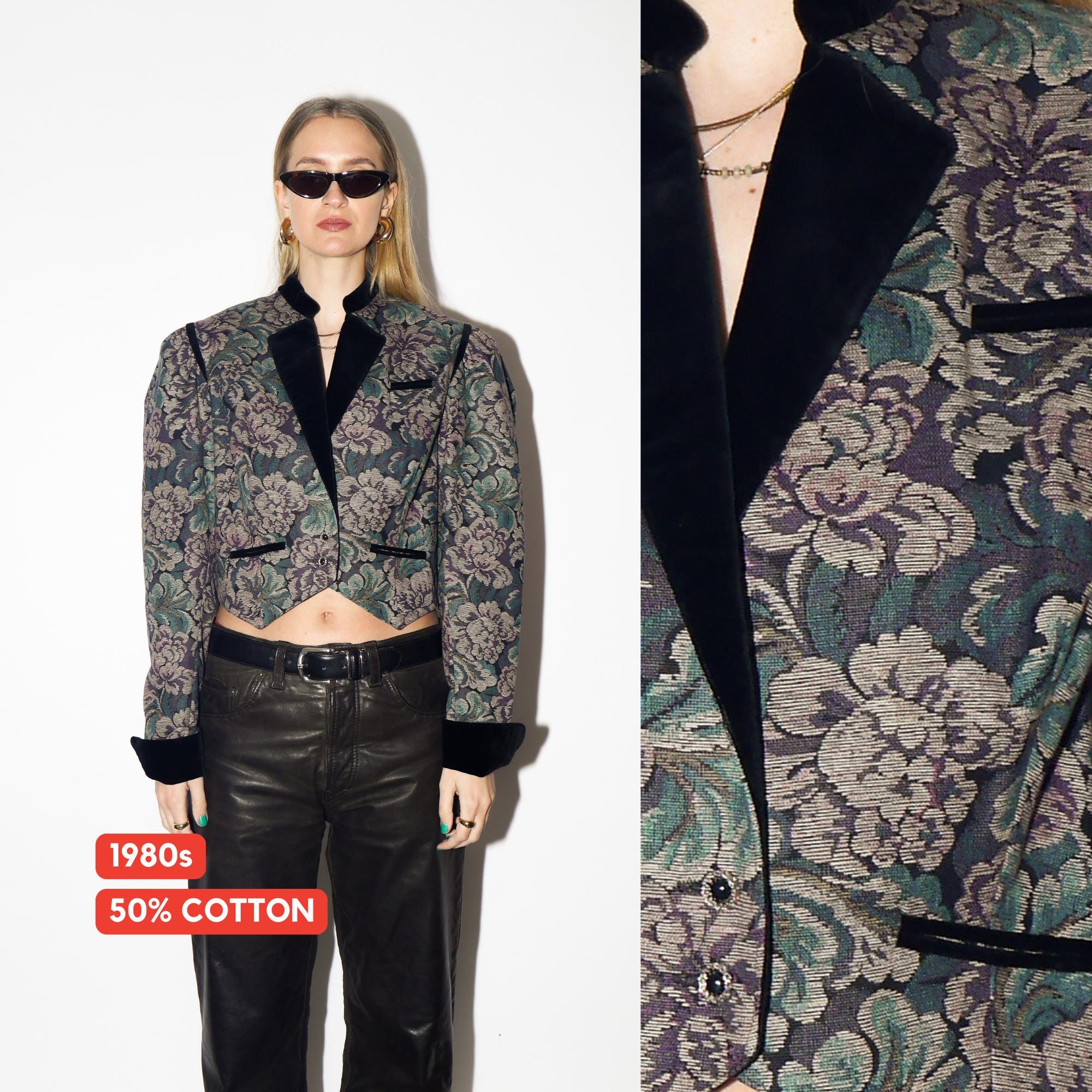 VINTAGE Cotton Jacquard Floral Blazer from 1980s | Big Shoulders Austrian Blazer