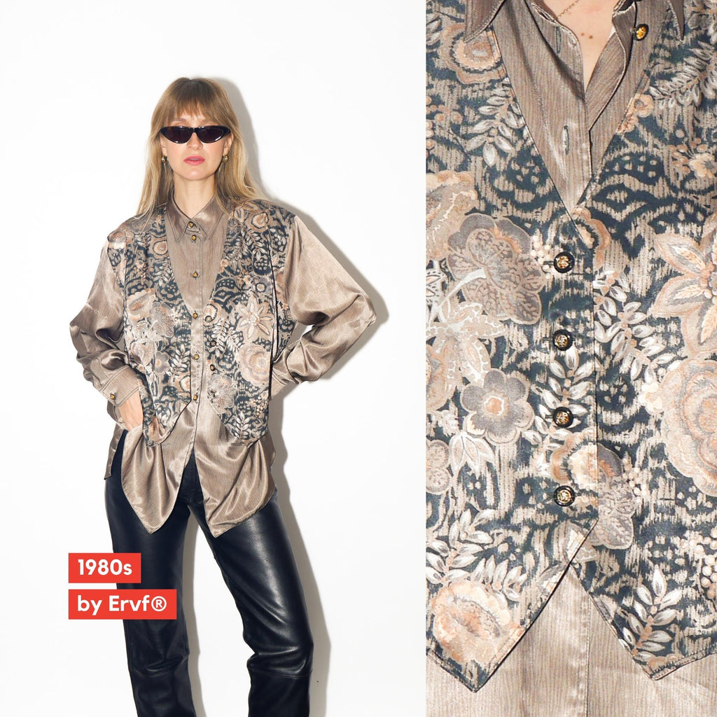 VINTAGE Khaki Gold Floral Animal Print Long Sleeve Blouse From The 1980s By Erfv