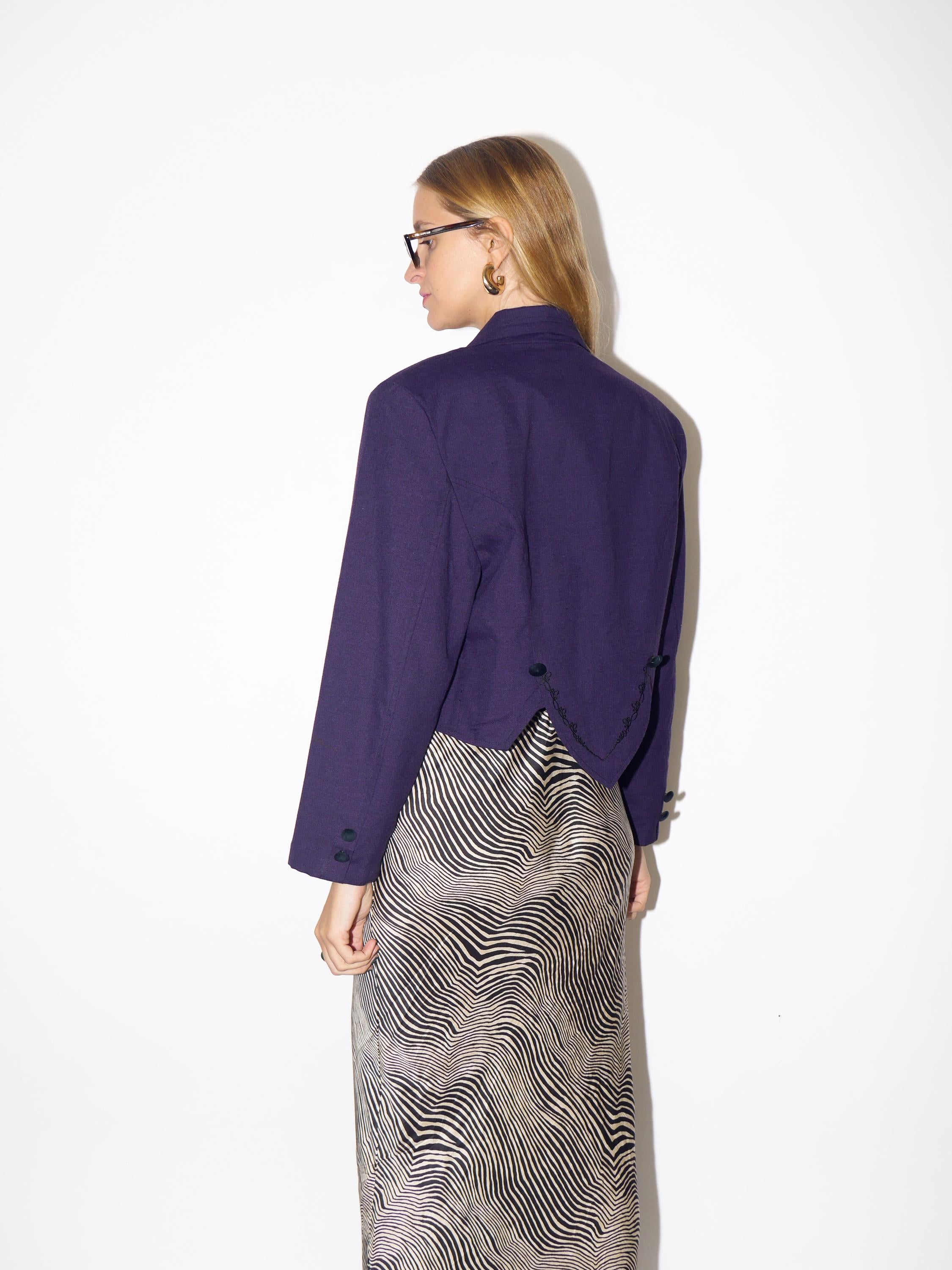 1980s Purple Blazer - Vintage Short Blazer with Shoulder Pads, Cropped Retro Blazer with Decorative Back, Retro Fashion Clothing for Women