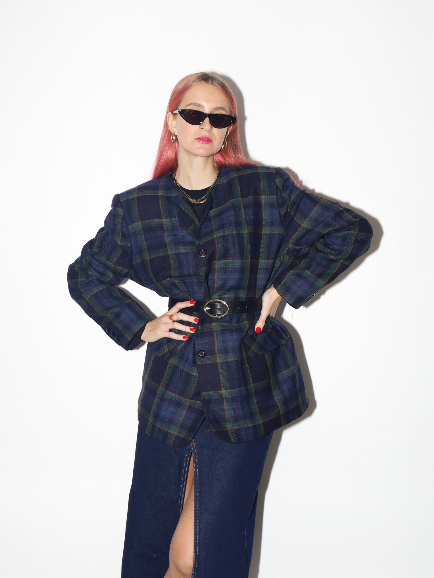VINTAGE 100% wool blazer 80s by Compliment | pure new wool blazer | vintage oversized wool blazer | blue and green check blazer