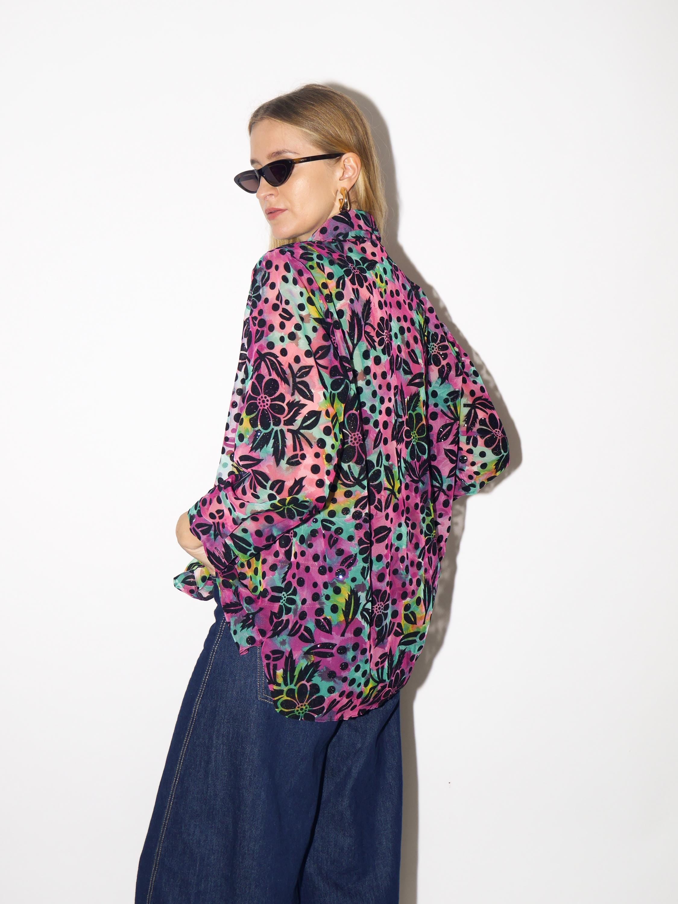 VINTAGE glitter blouse with purple floral pattern and sheer fabric from 1980s