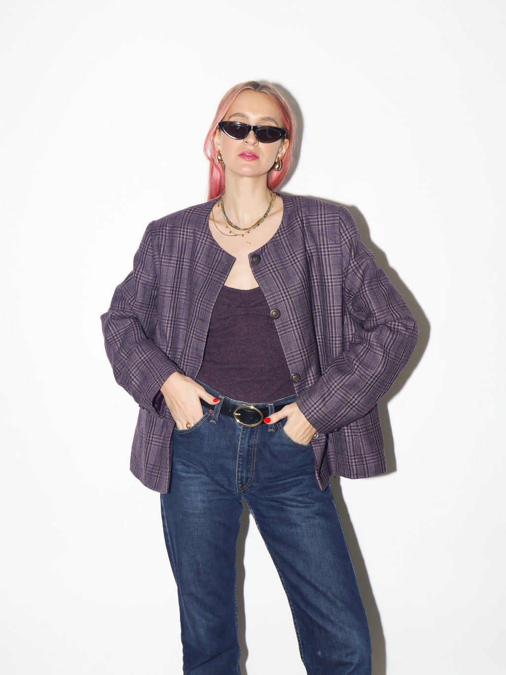 VINTAGE 100% pure new wool blazer 1980s by Equorian Heritage | purple pure new wool blazer | checkered vintage wool blazed