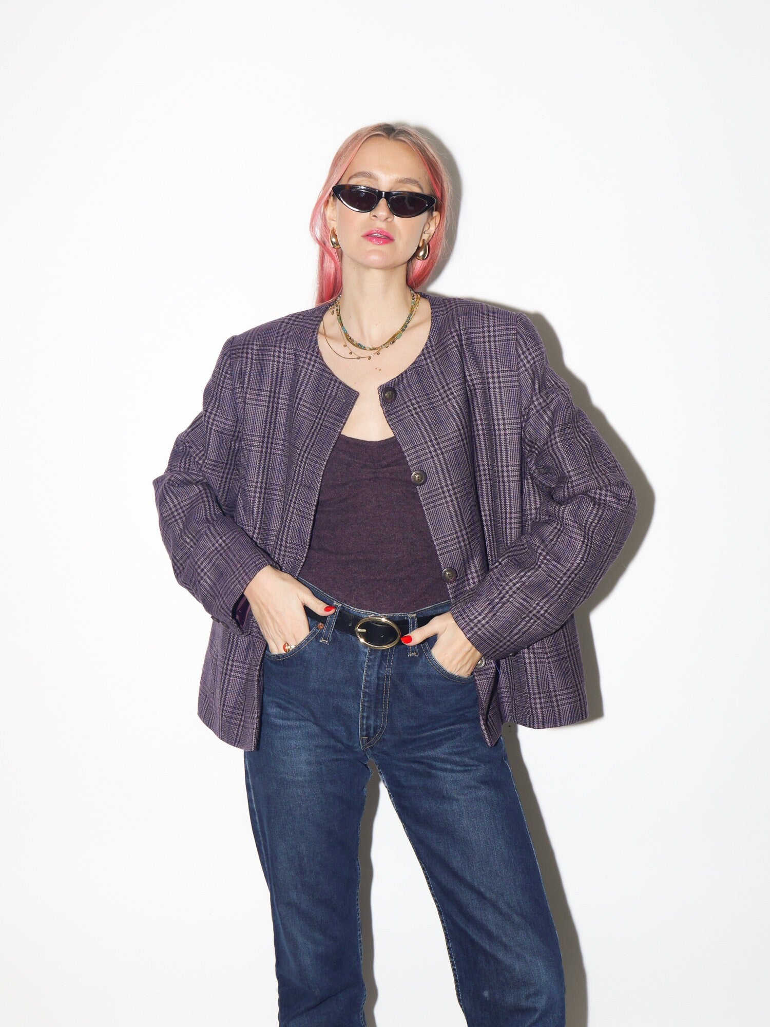 VINTAGE 100% pure new wool blazer 1980s by Equorian Heritage | purple pure new wool blazer | checkered vintage wool blazed