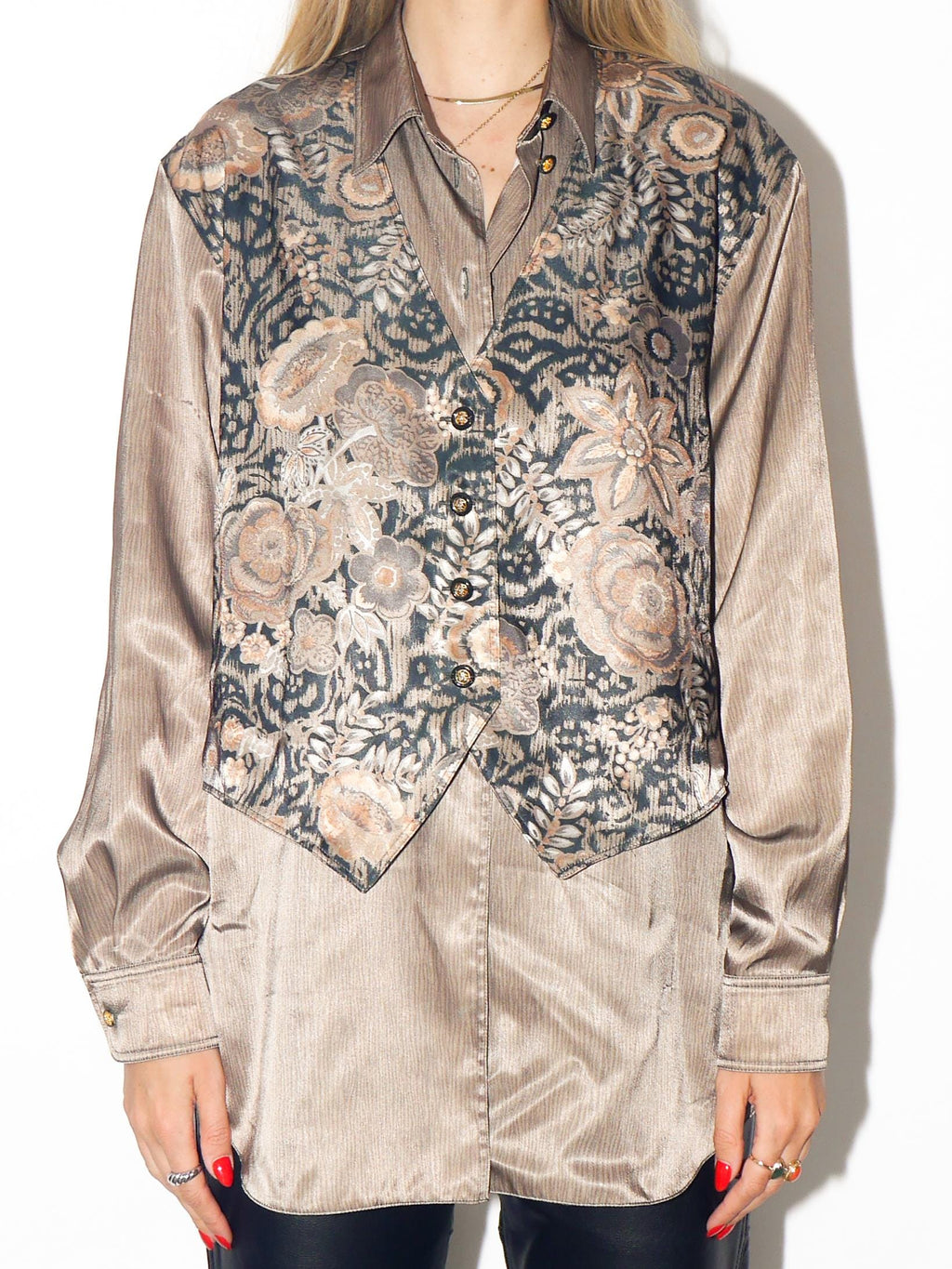 VINTAGE Khaki Gold Floral Animal Print Long Sleeve Blouse From The 1980s By Erfv