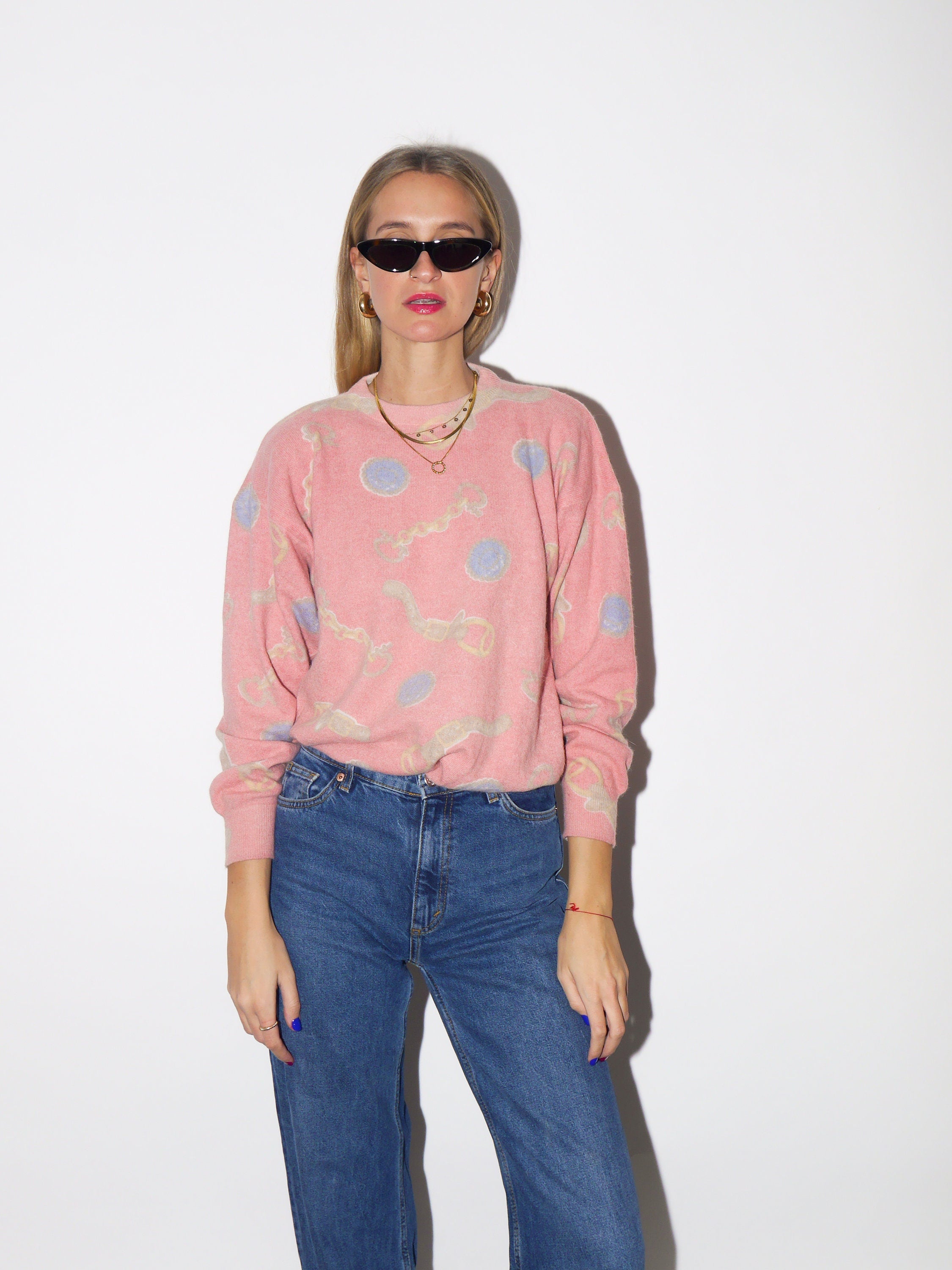 VINTAGE angora and wool sweater 1980s by Tivoli | cotton candy pink color with luxury chain pattern | oversize premium vintage sweater