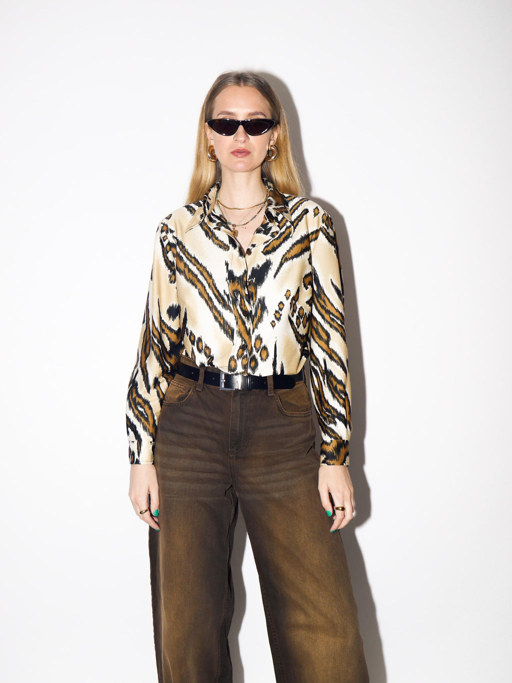 VINTAGE Beige & Brown Animal Print Blouse from 1980s | Vintage Tiger Print Shirt