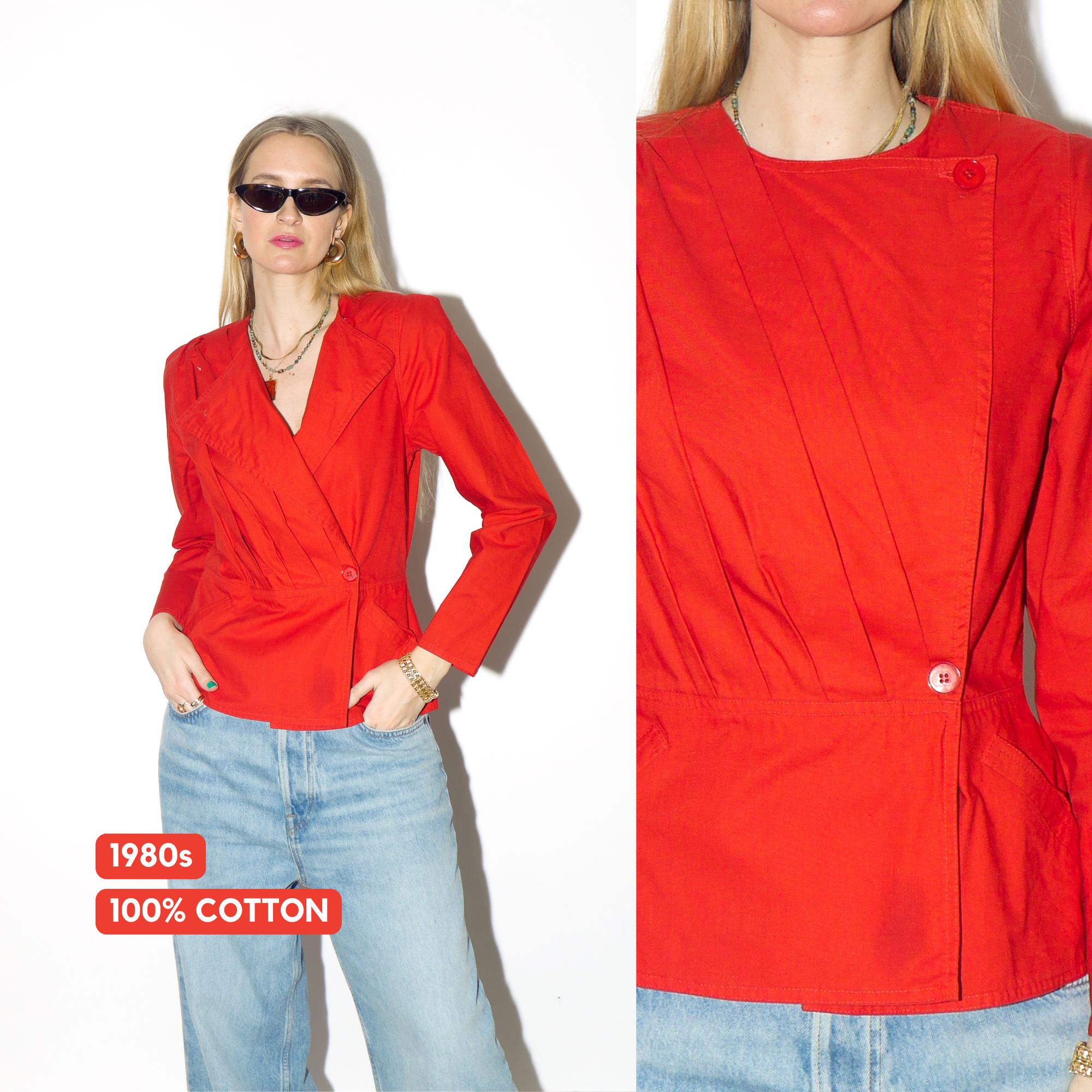 VINTAGE Cotton red blouse from 1980s with shoulder pads and peplum