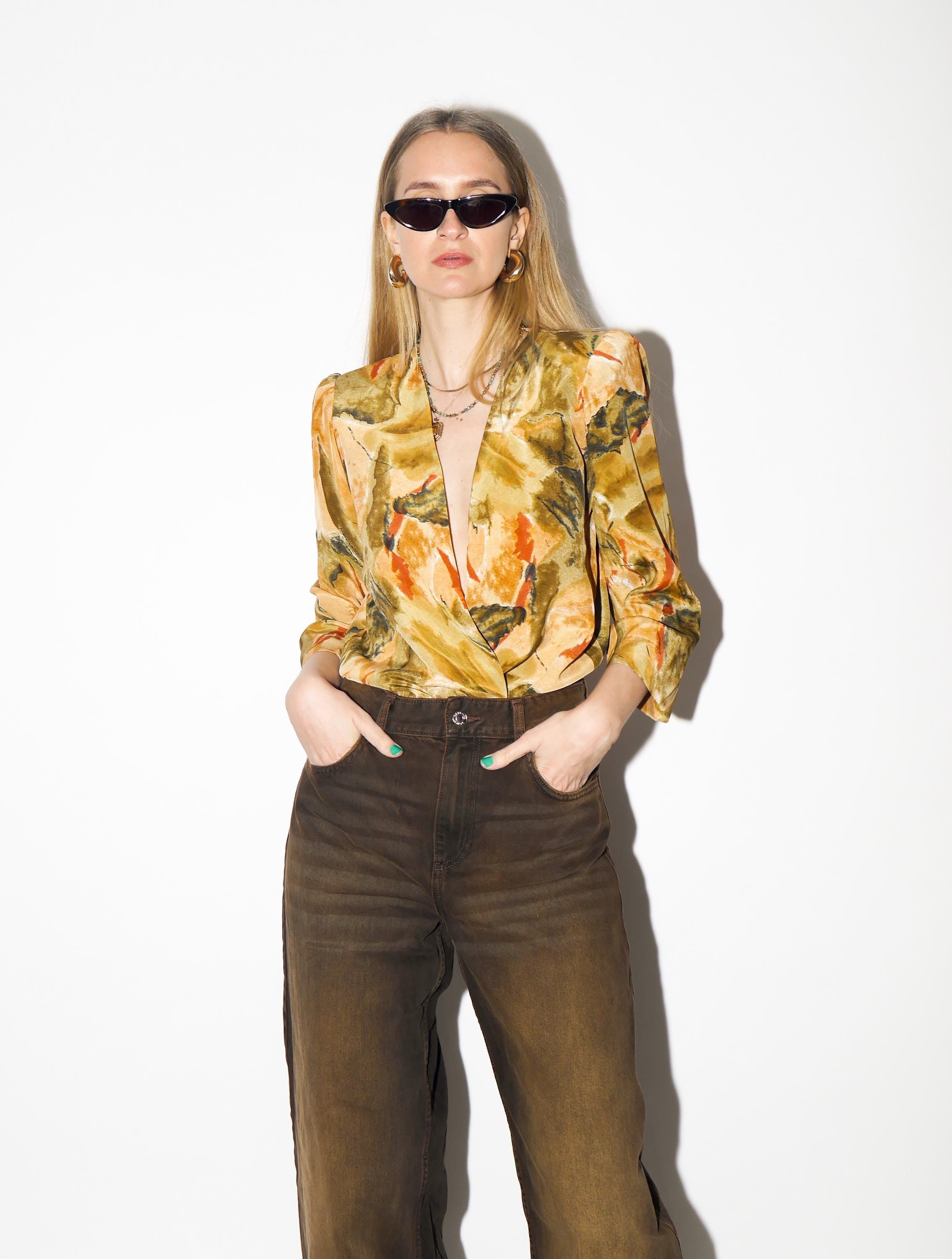 VINTAGE Yellow Abstract Blouse from 1980s | Open Front Flowy Orange Blouse