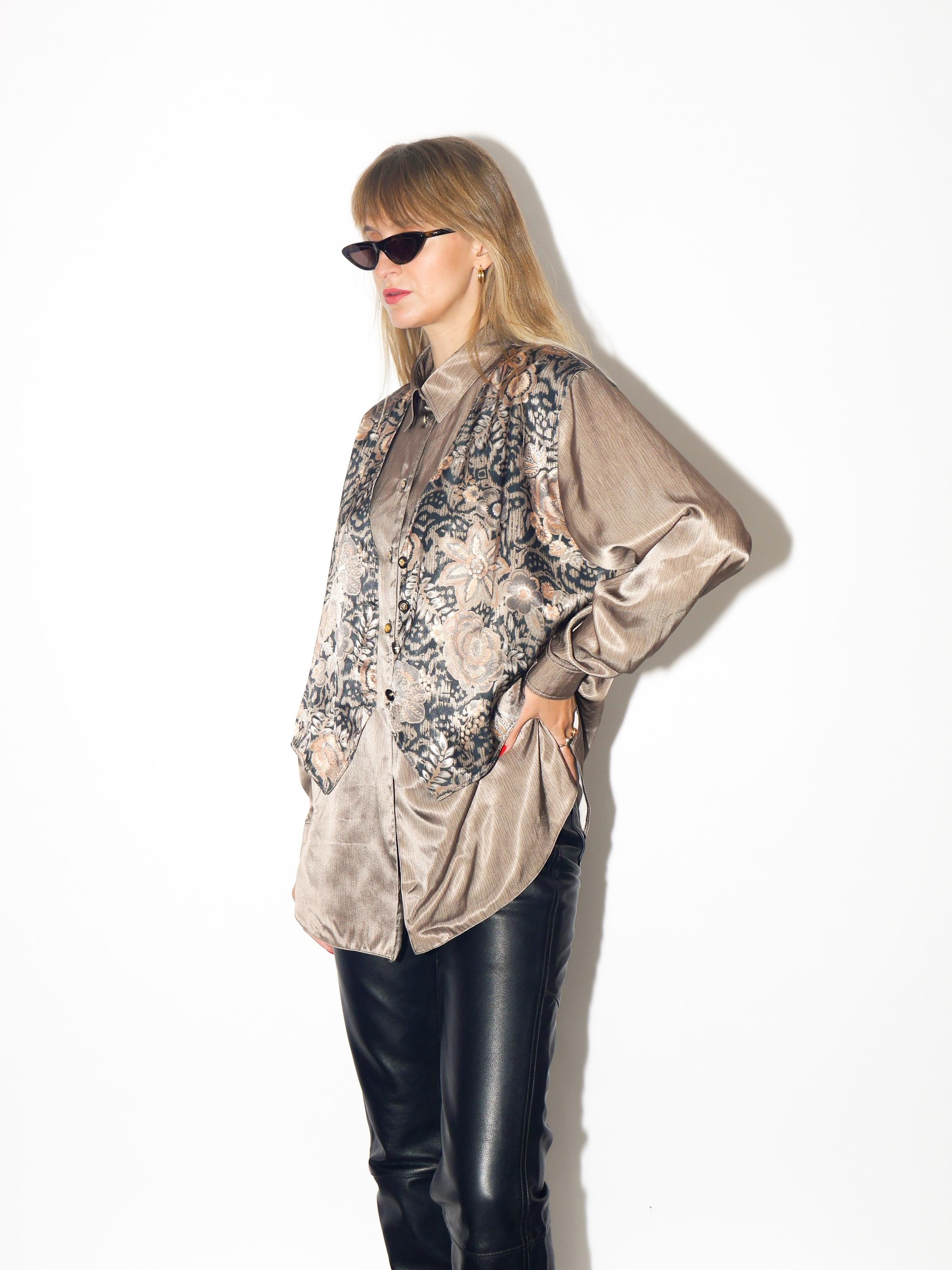 VINTAGE Khaki Gold Floral Animal Print Long Sleeve Blouse From The 1980s By Erfv