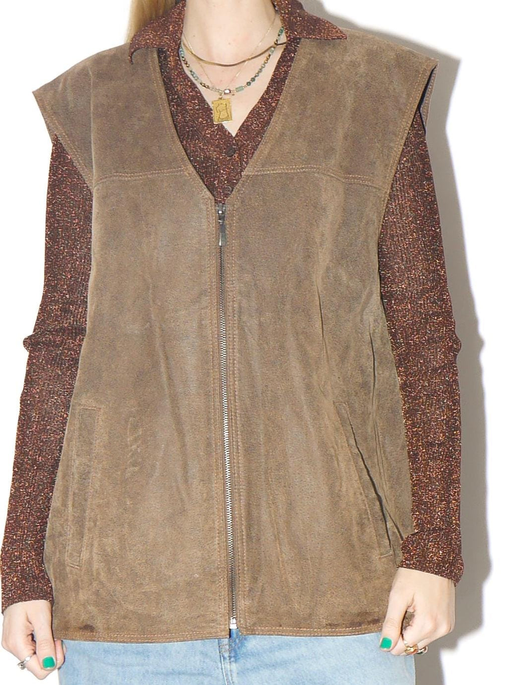VINTAGE Khaki Suede Vest from 1980s | Big Oversize Beige Leather Vest by Canada®