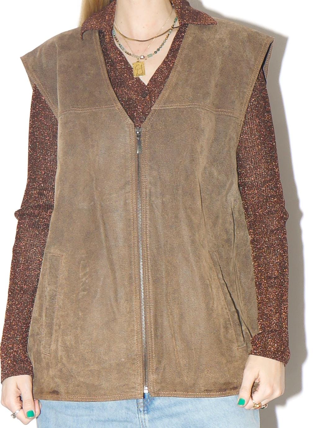 VINTAGE Khaki Suede Vest from 1980s | Big Oversize Beige Leather Vest by Canada®