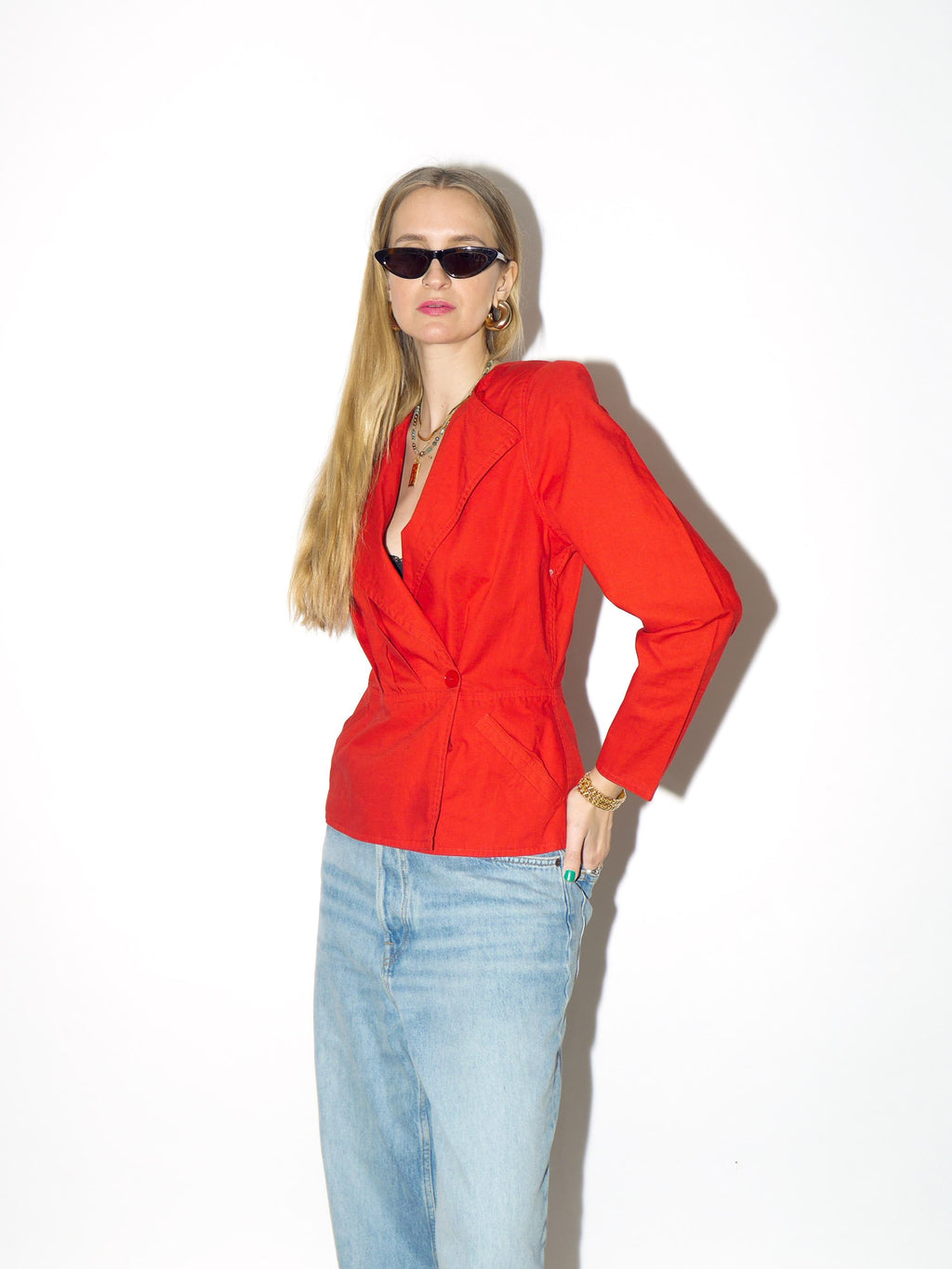 VINTAGE Cotton red blouse from 1980s with shoulder pads and peplum