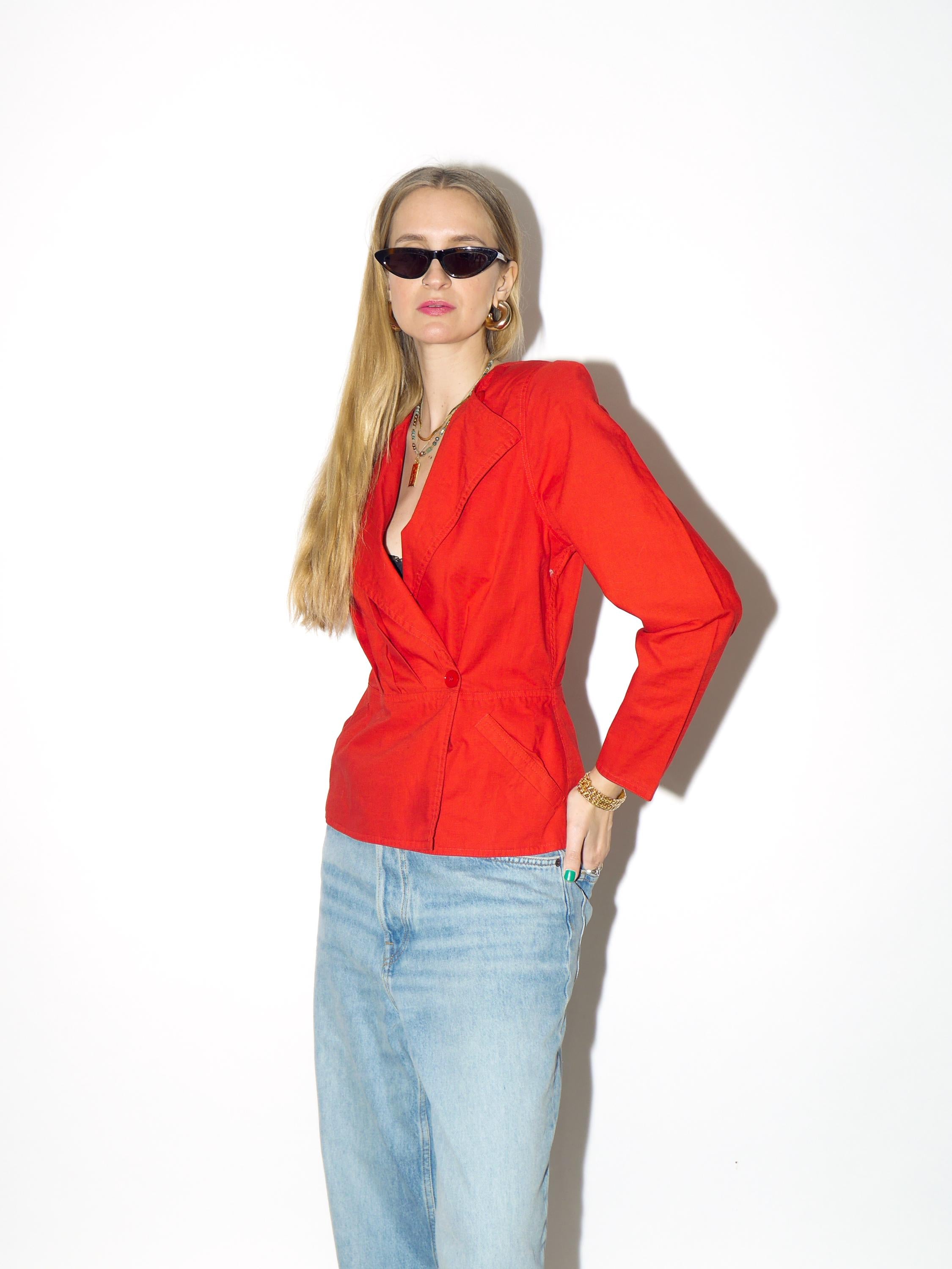 VINTAGE Cotton red blouse from 1980s with shoulder pads and peplum