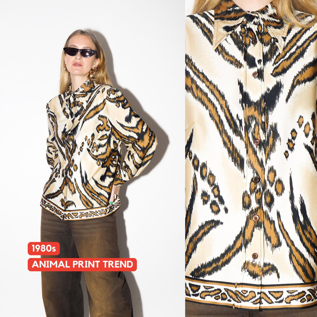 VINTAGE Beige & Brown Animal Print Blouse from 1980s | Vintage Tiger Print Shirt
