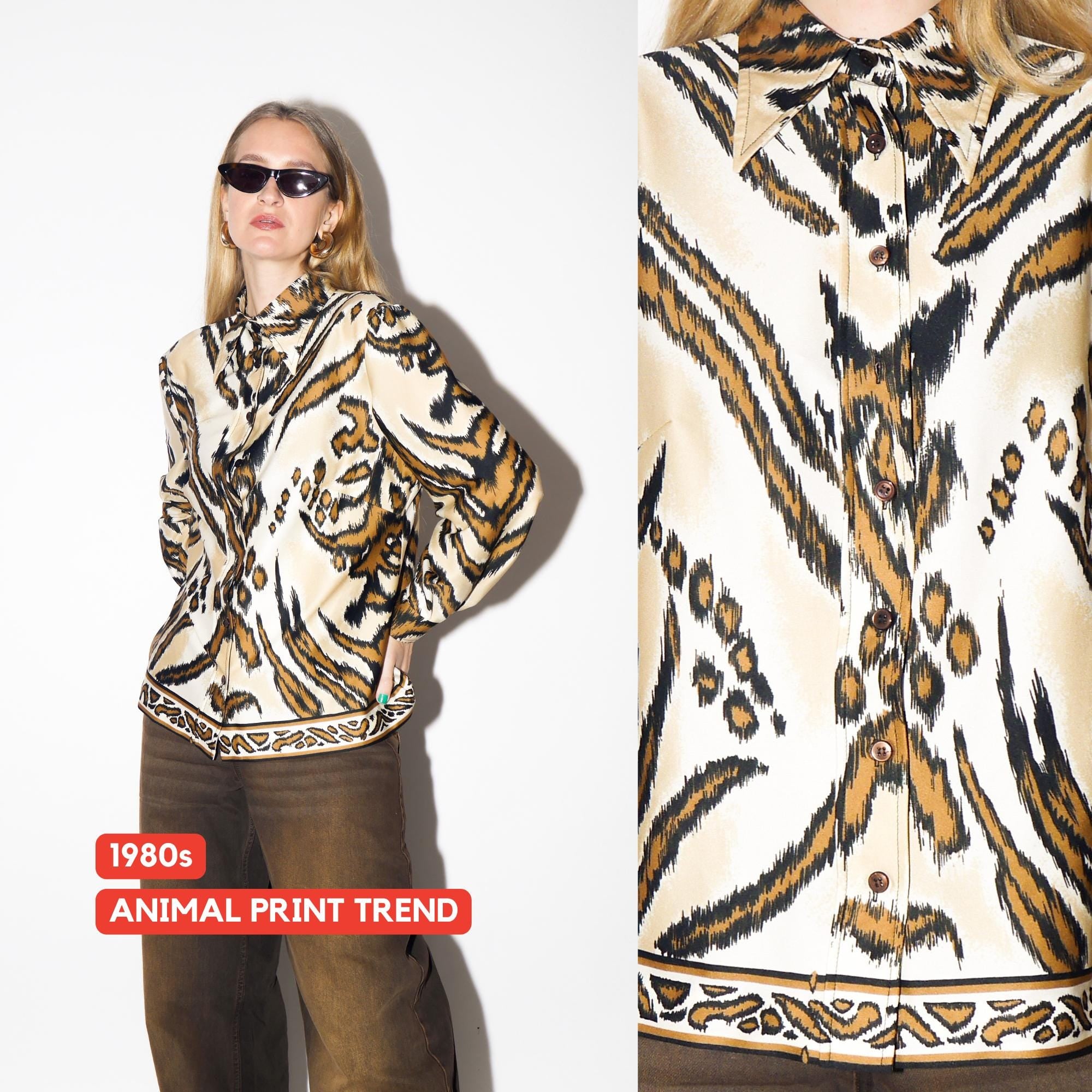 VINTAGE Beige & Brown Animal Print Blouse from 1980s | Vintage Tiger Print Shirt