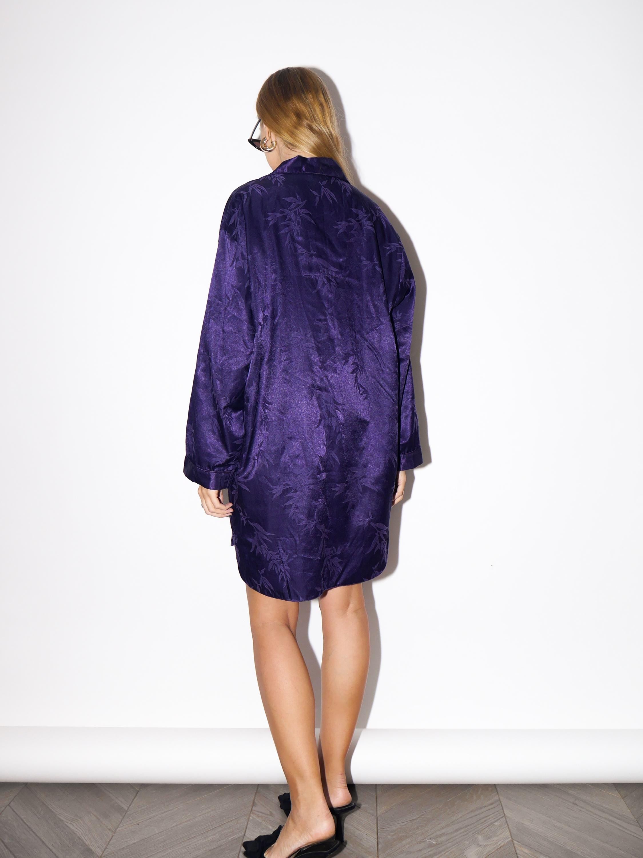1980s Purple Pyjama Style Dress - Vintage Shiny Short Dress, Plum Oversize Retro Dress, Retro Fashion Clothing for Women
