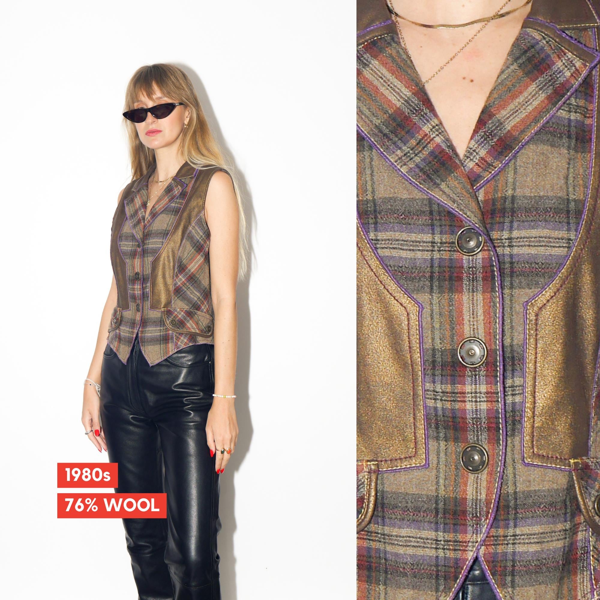 VINTAGE Golden Checked Wool Blend Vest With Metallic Patches From The 1980s By Sportalm