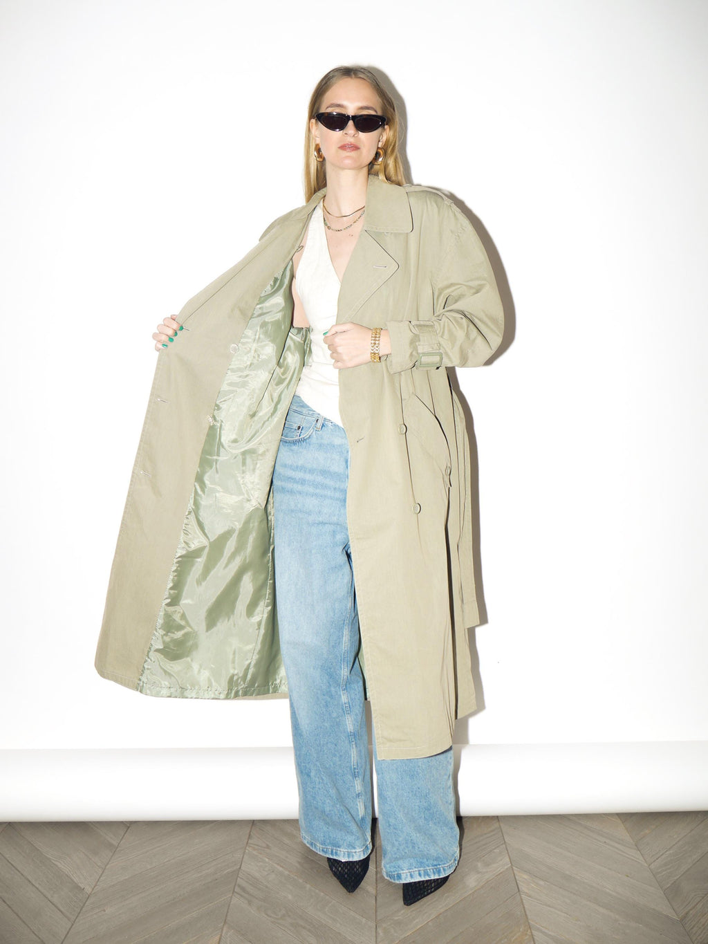 VINTAGE Khaki Maxi Trench Coat from 1980s | Oversized Cotton Trench