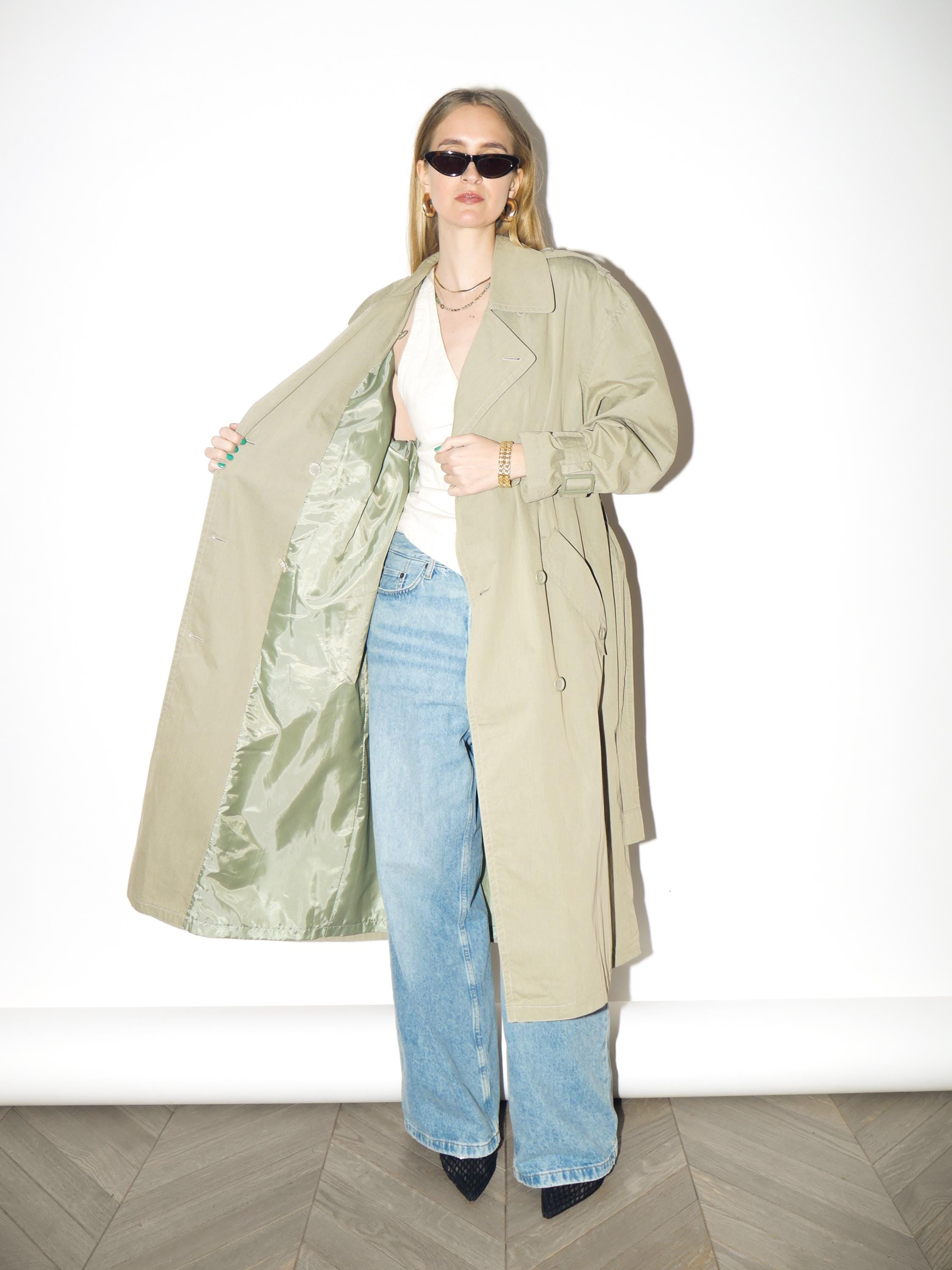 VINTAGE Khaki Maxi Trench Coat from 1980s | Oversized Cotton Trench