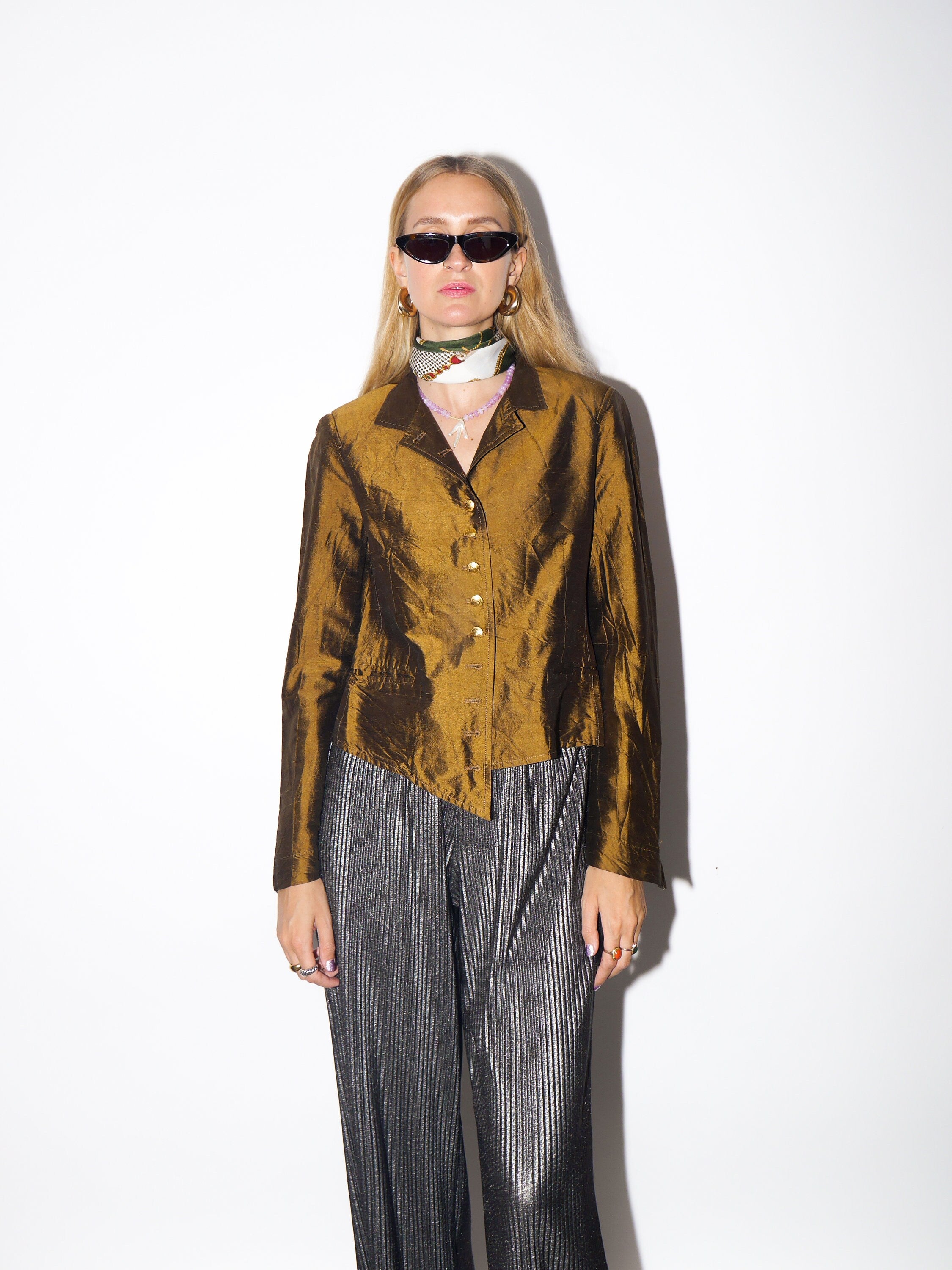 VINTAGE copper light brown 100% Silk asymmetrical shirt with metal decorative buttons by MANUELA San Martin® | premium quality retro shirt