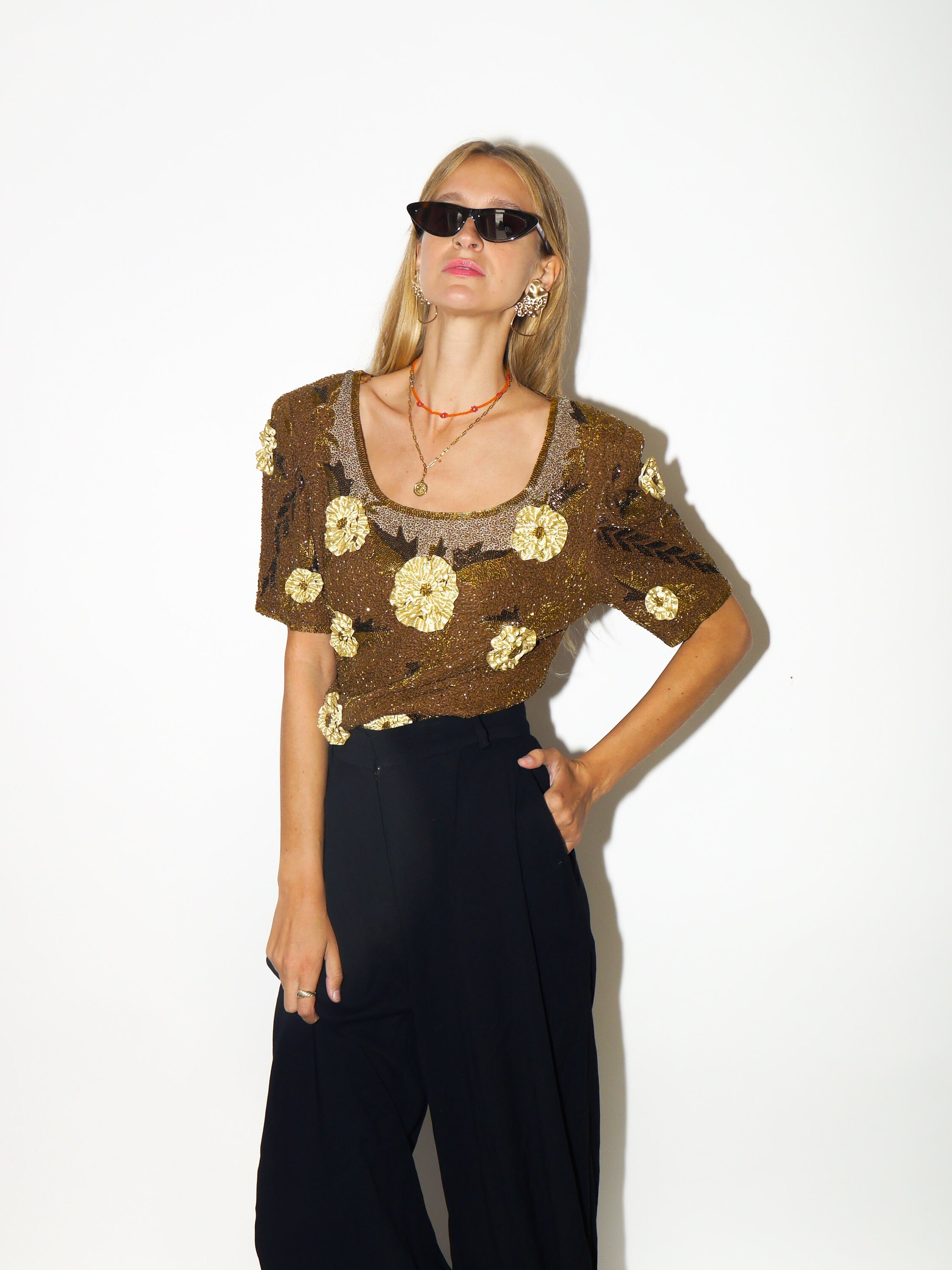 VINTAGE Silk top 1980s | Serenade vintage blouse | unique Silk blouse | retro Silk blouse | gold Silk top | vintage top with sequins