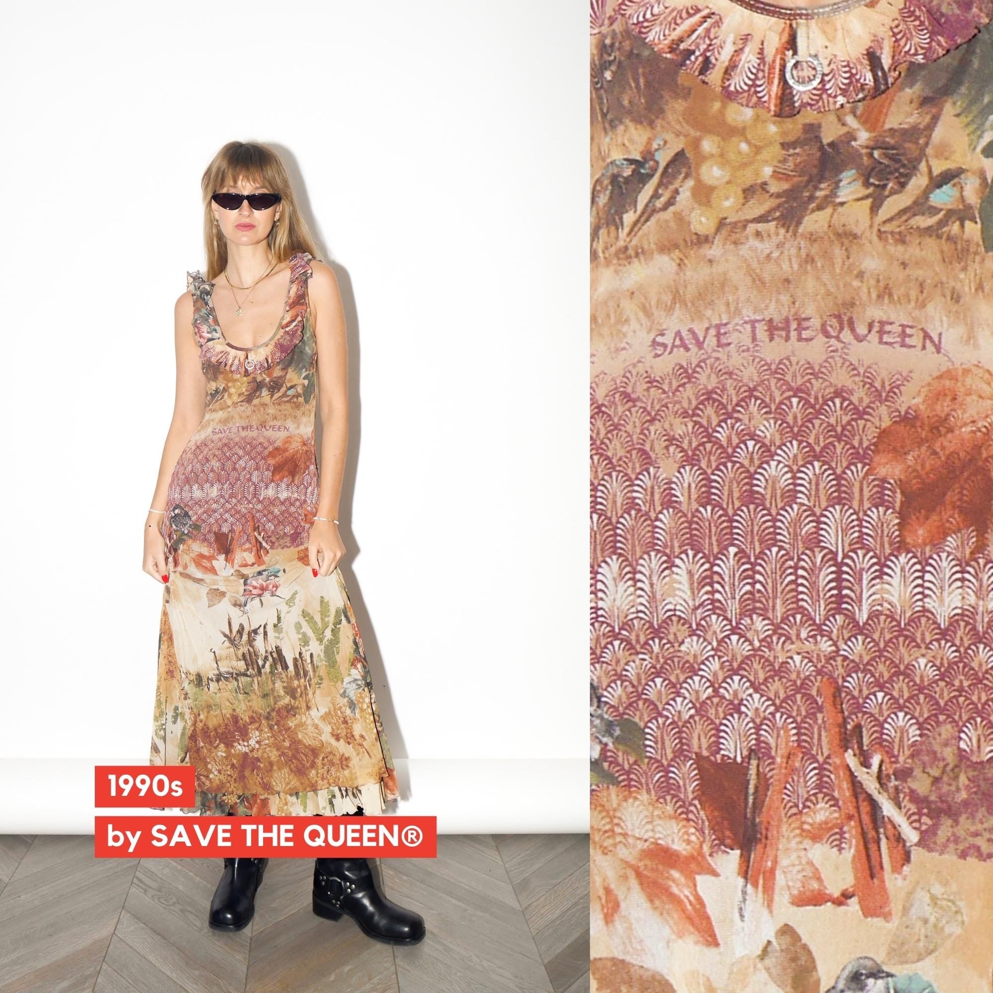 VINTAGE Autumn Print Nylon Maxi Dress With Ruffles From The 1990s By Save The Queen