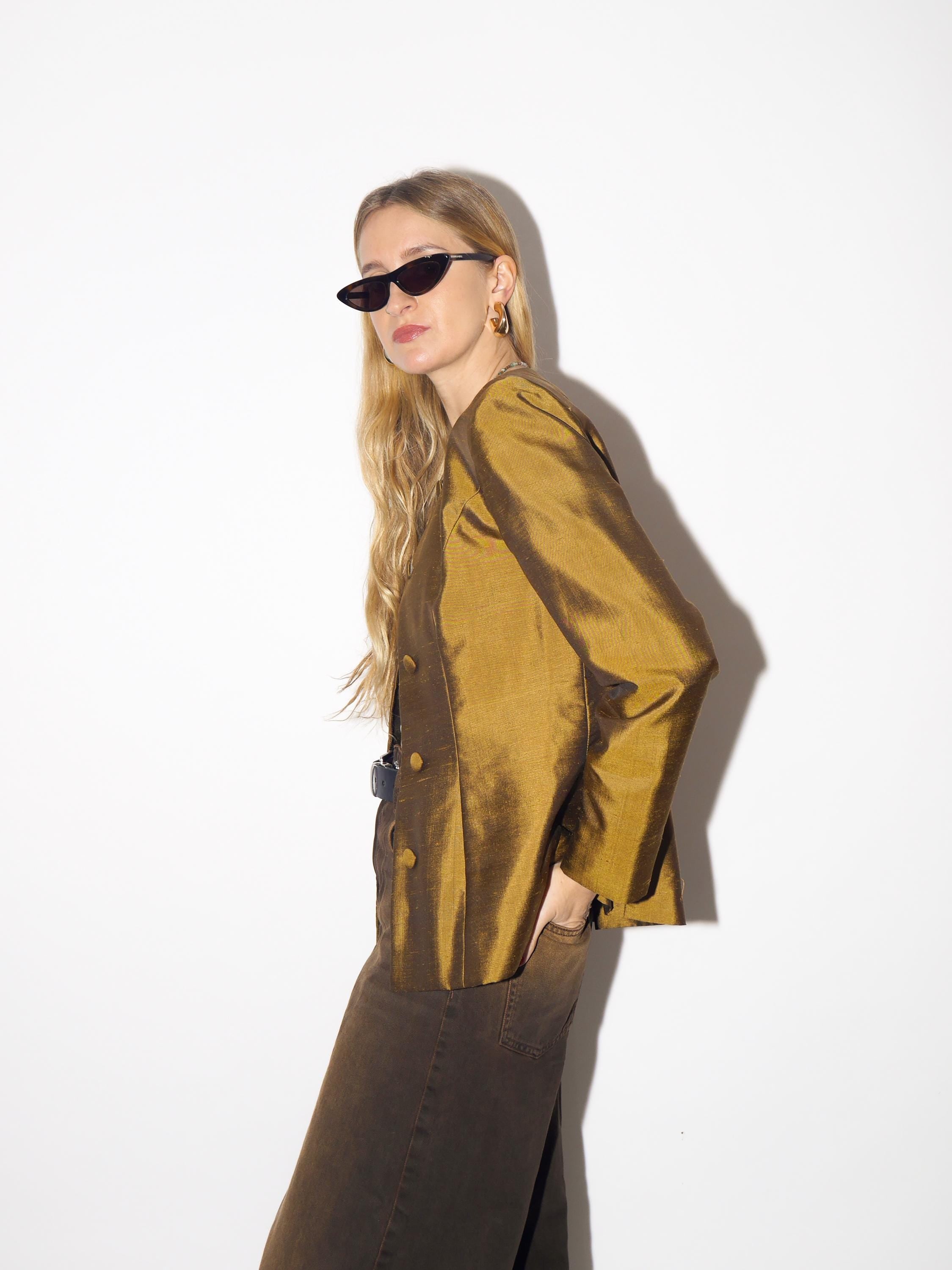 VINTAGE silk blazer in dark gold and olive color, fitted silk blazer from 1980s