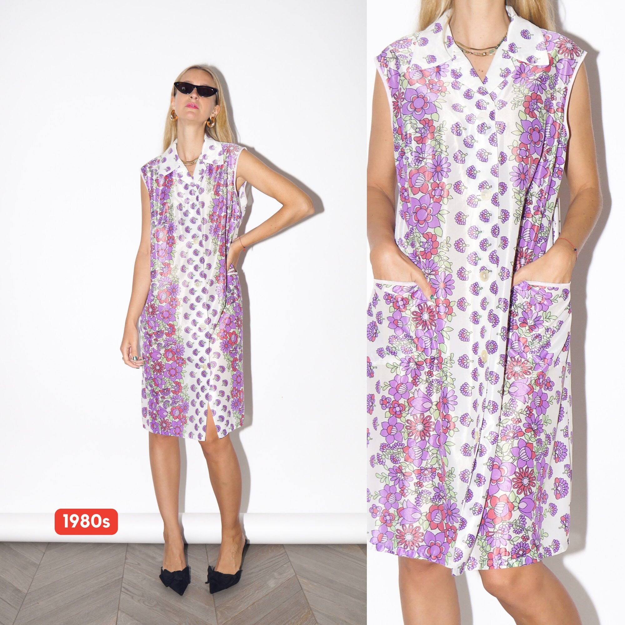 VINTAGE semi sheer white dress with purple flowers from 1980s | white semi sheer polo midi dress buttoned with collar and two front pockets