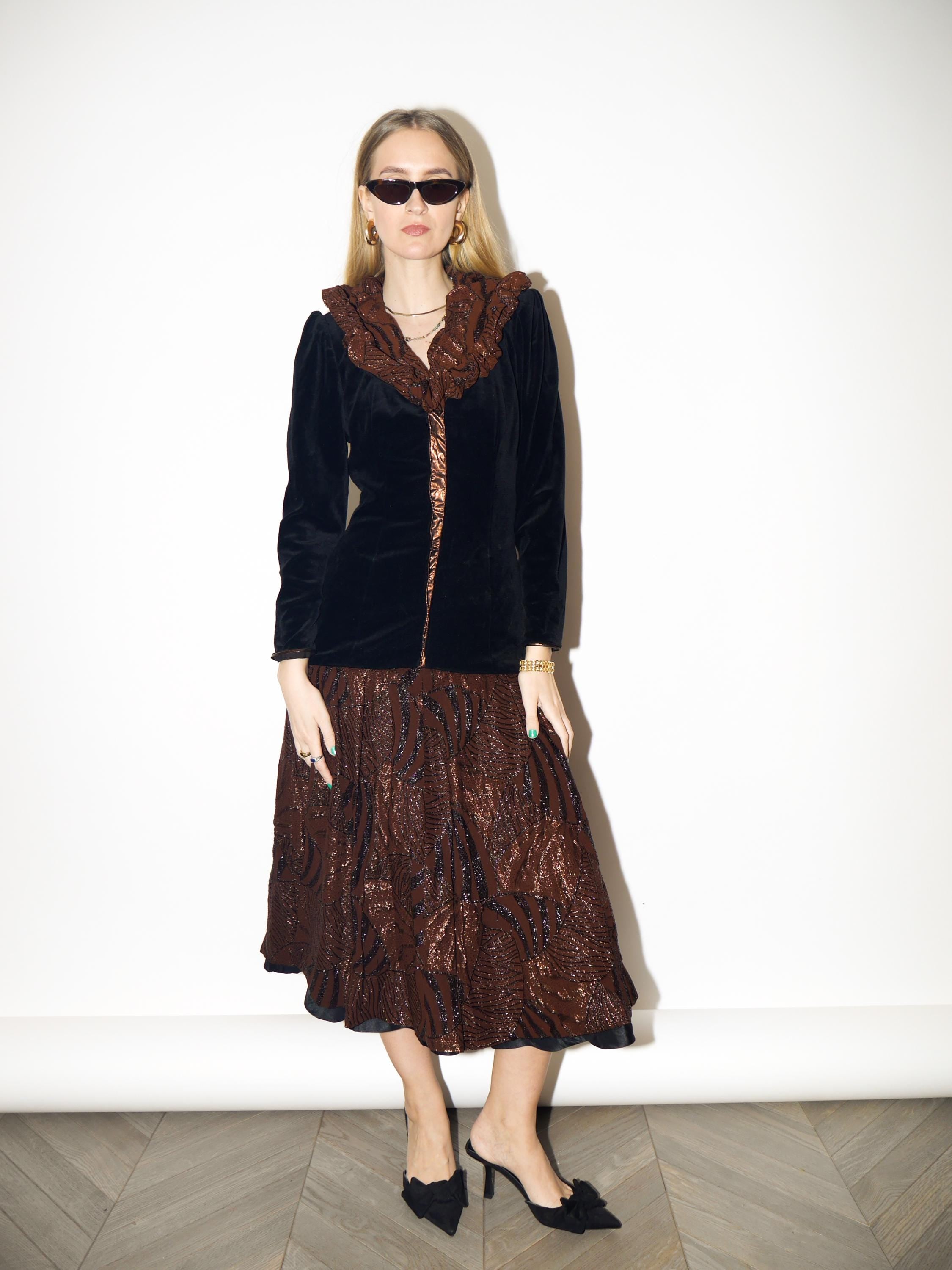 VINTAGE Evening Dress in Black Velvet from 1980s | Brown Midi Metallic Dress