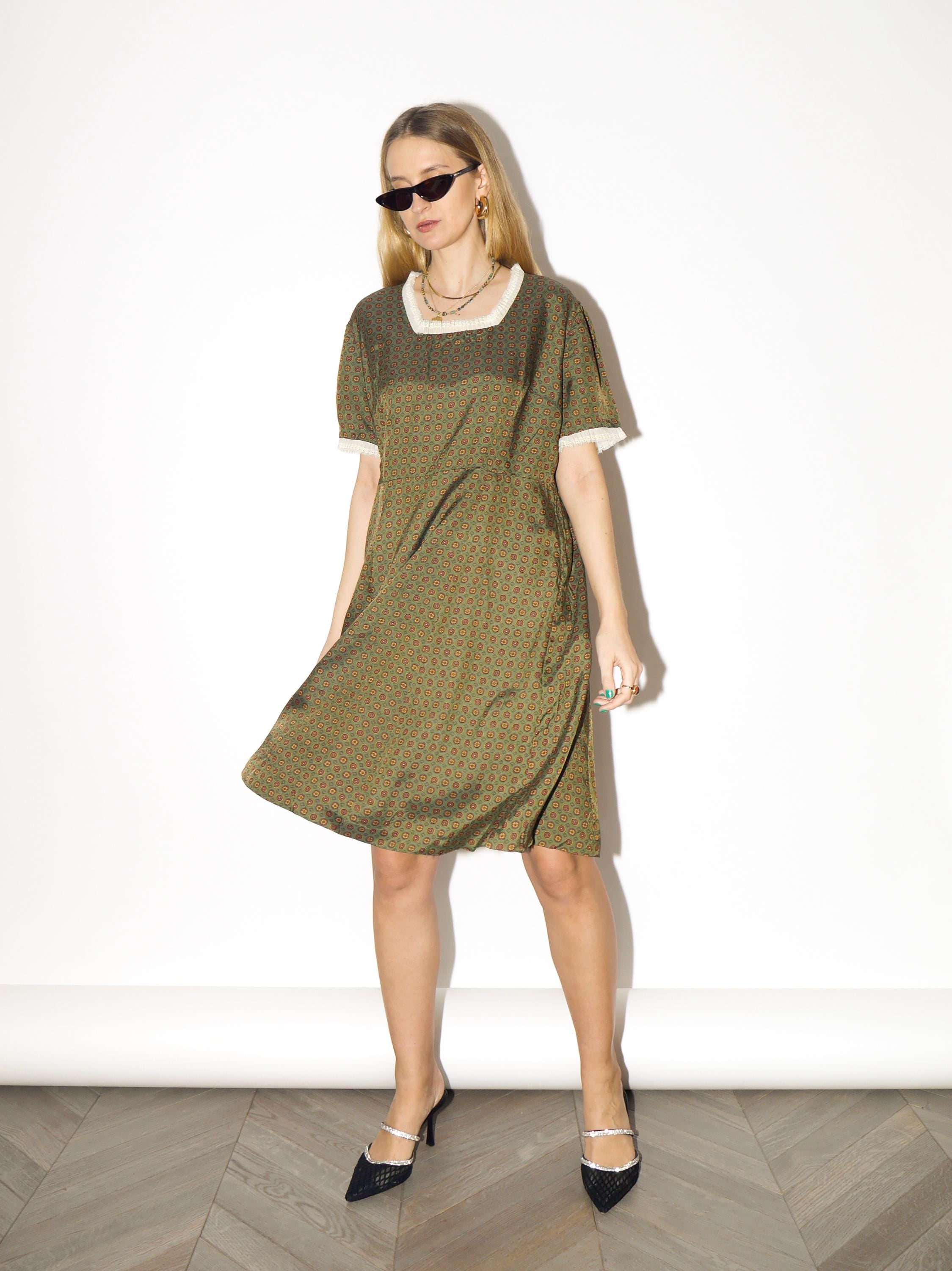 VINTAGE Green Knee-Length Dress from 1970s | Handmade Cream Lace Ruffles Dress