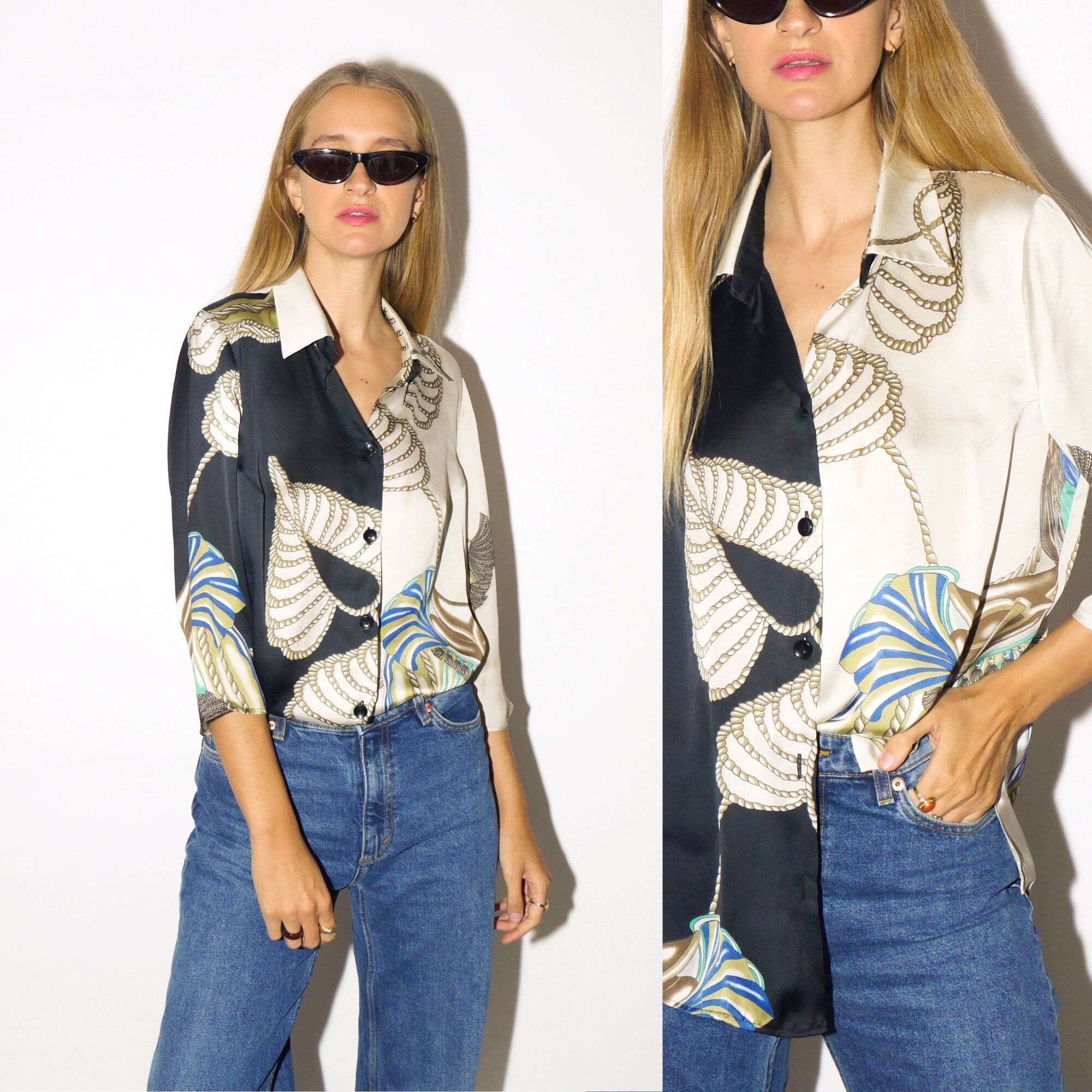 VINTAGE shirt 80s | 2 toned off-white and black buttoned blouse with collar | marine pattern shirt | Silky shirt | modopol