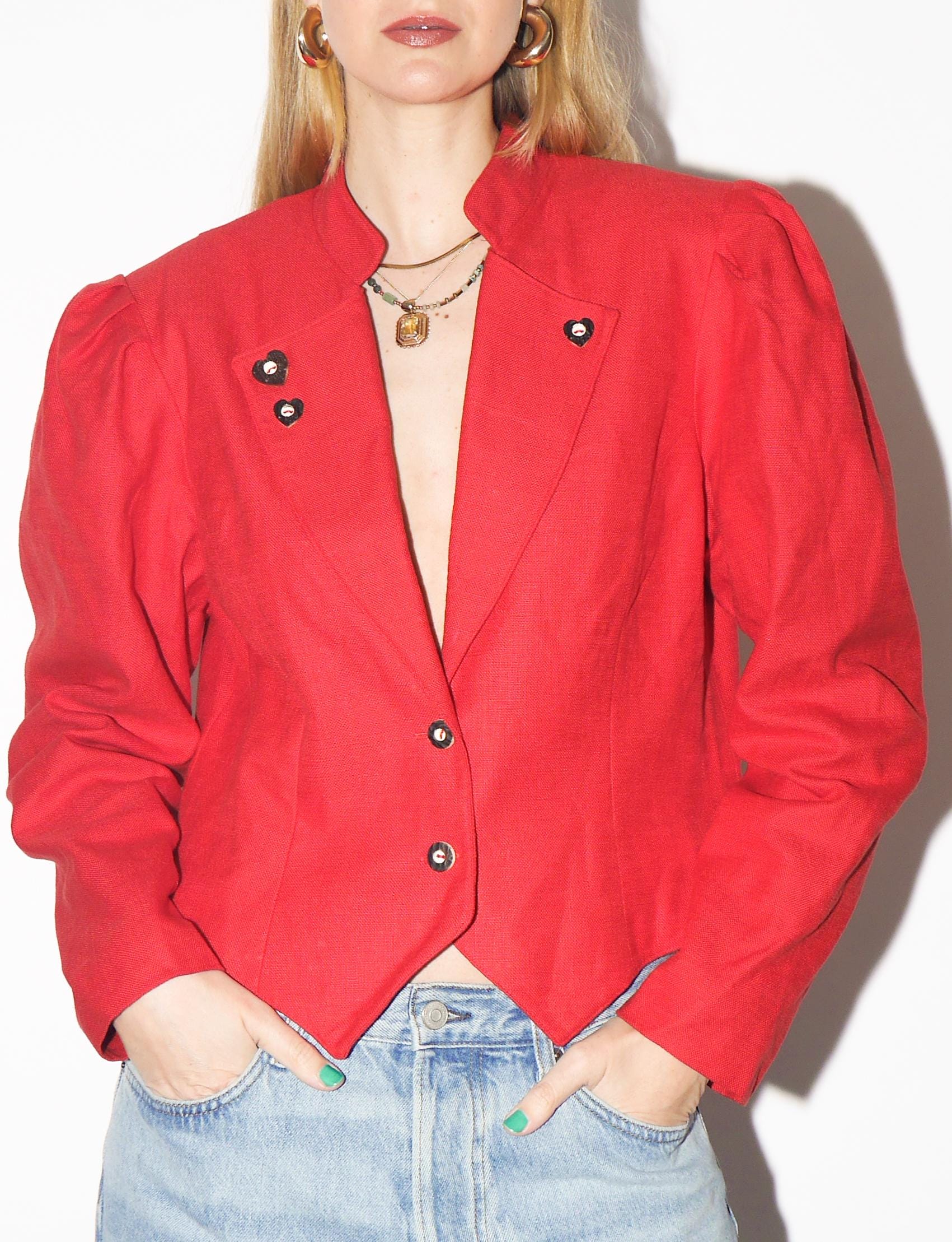 VINTAGE Red Folk Blazer from 1990s made of Cotton & Linen | Original Folk Blazer