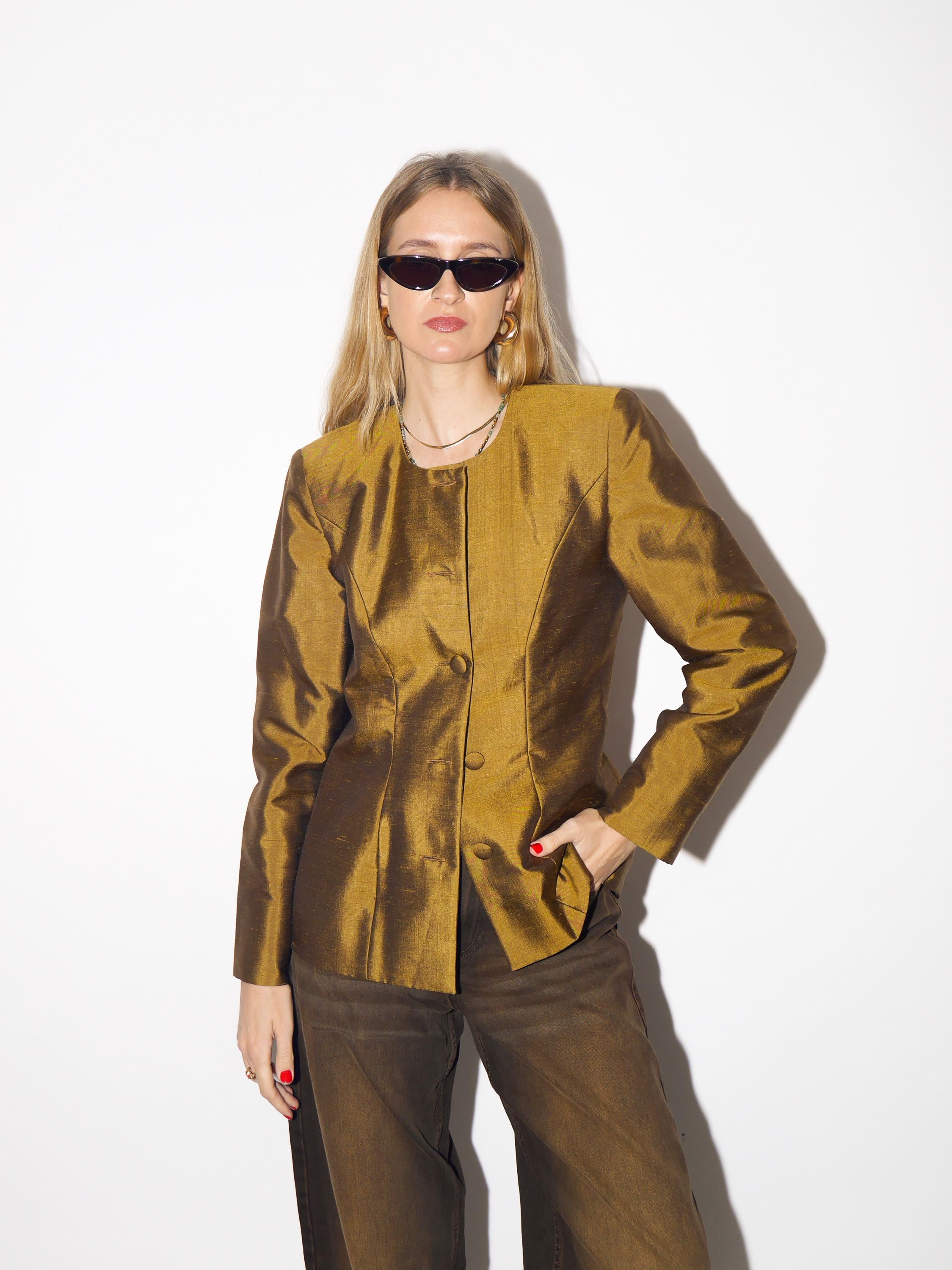 VINTAGE silk blazer in dark gold and olive color, fitted silk blazer from 1980s
