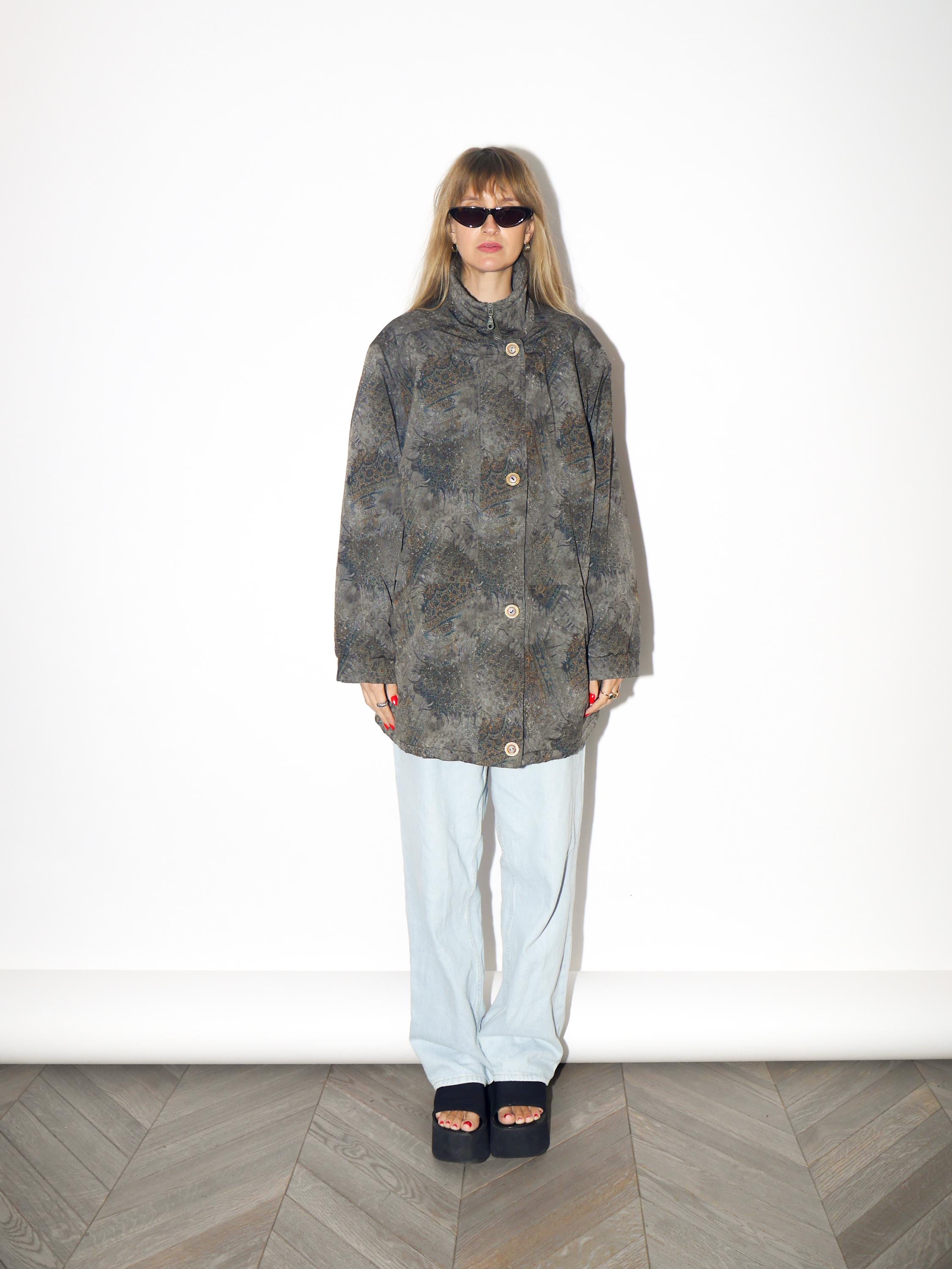 VINTAGE Green And Gold Oversized Parka With Abstract Pattern From The 1980s