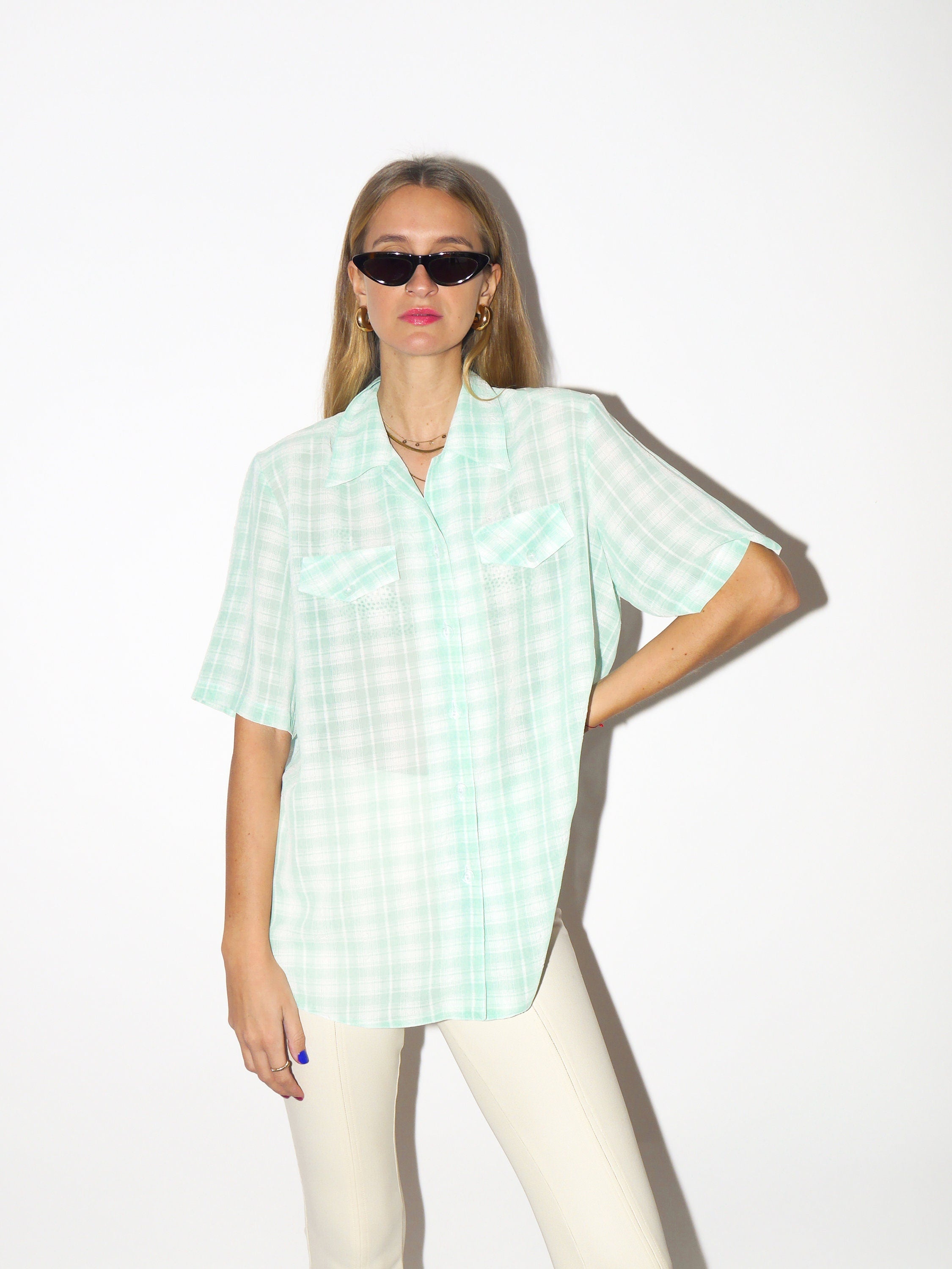 VINTAGE short sleeve shirt 1980s | Eva Styl unisex shirt with shoulder pads in green and white check pattern | retro oversize unisex shirt