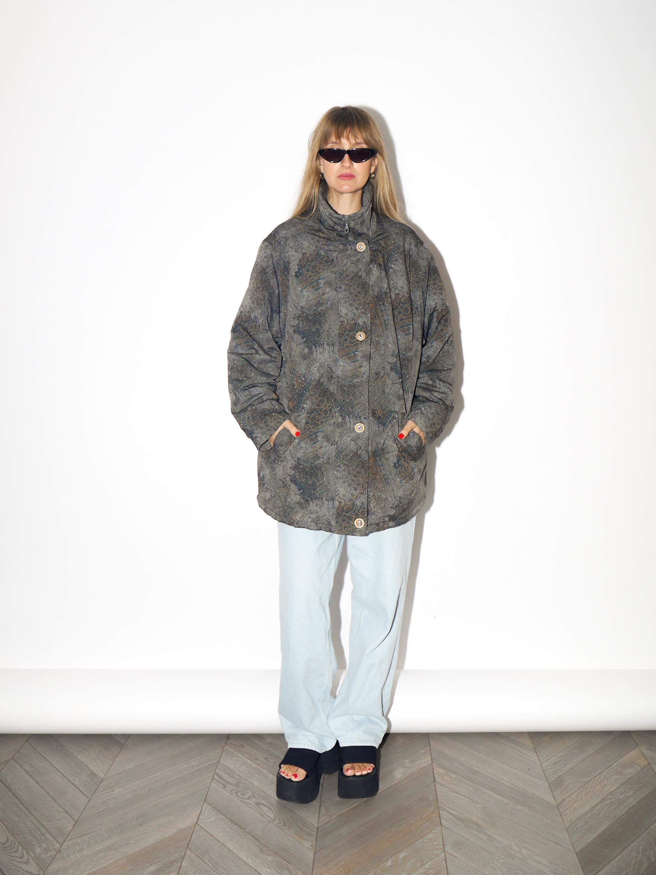 VINTAGE Green And Gold Oversized Parka With Abstract Pattern From The 1980s