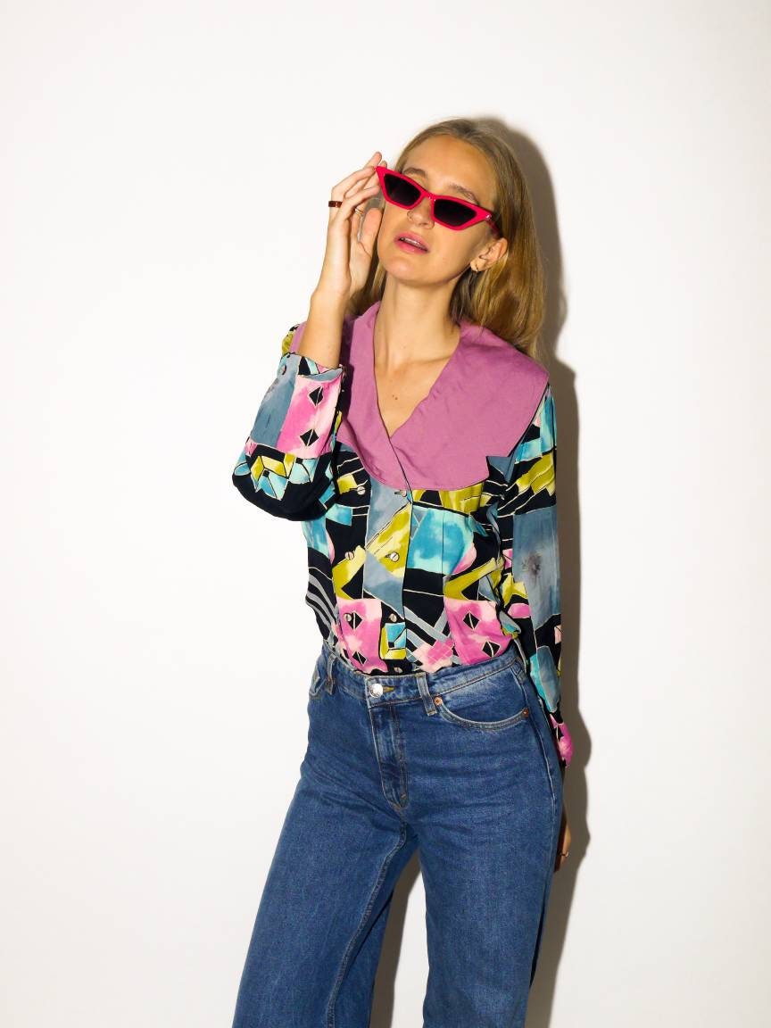 VINTAGE viscose blouse from 1980s | retro black, purple, green, blue abstract print double-breasted buttoned blouse by Kulbach®