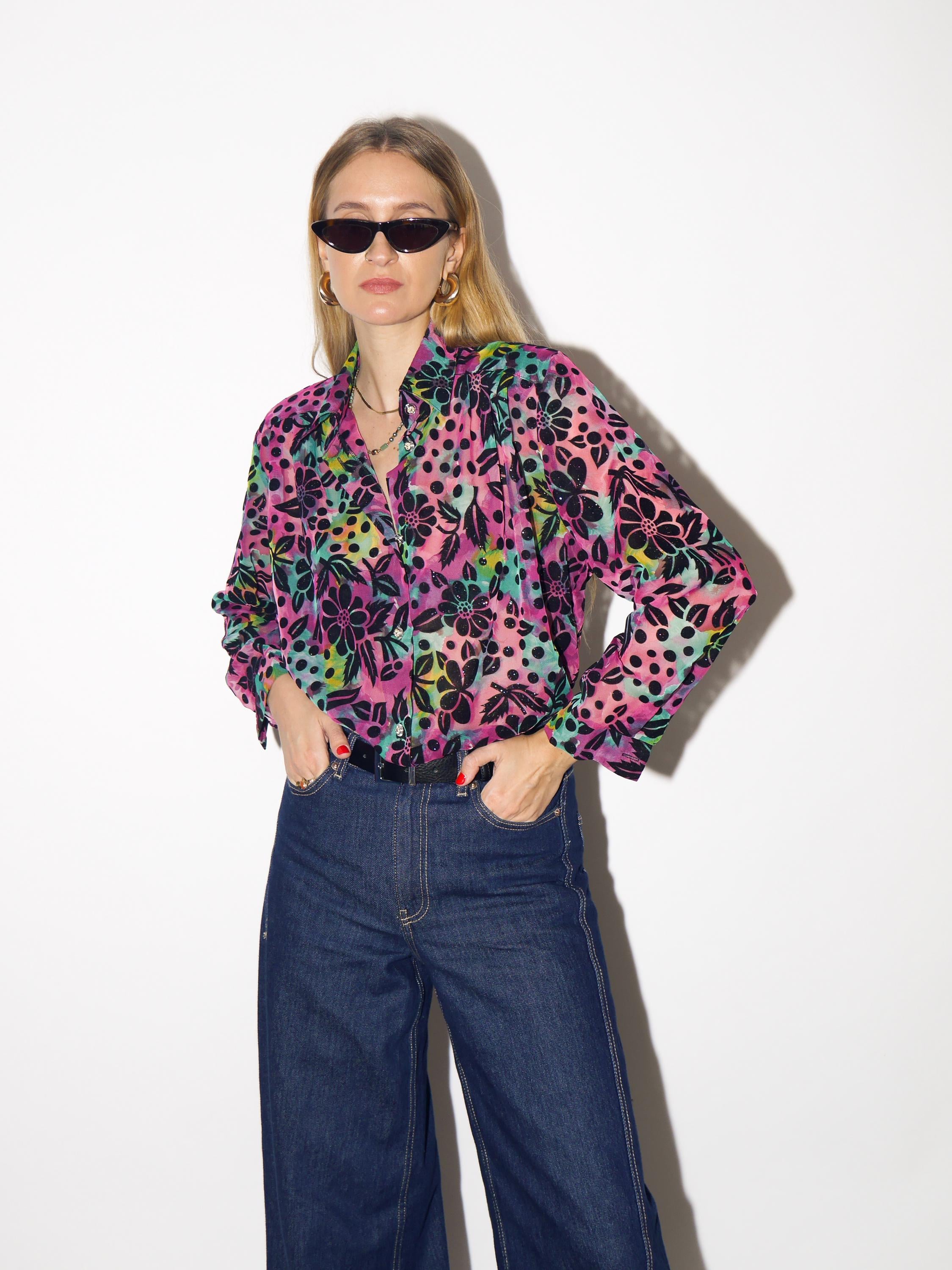 VINTAGE glitter blouse with purple floral pattern and sheer fabric from 1980s