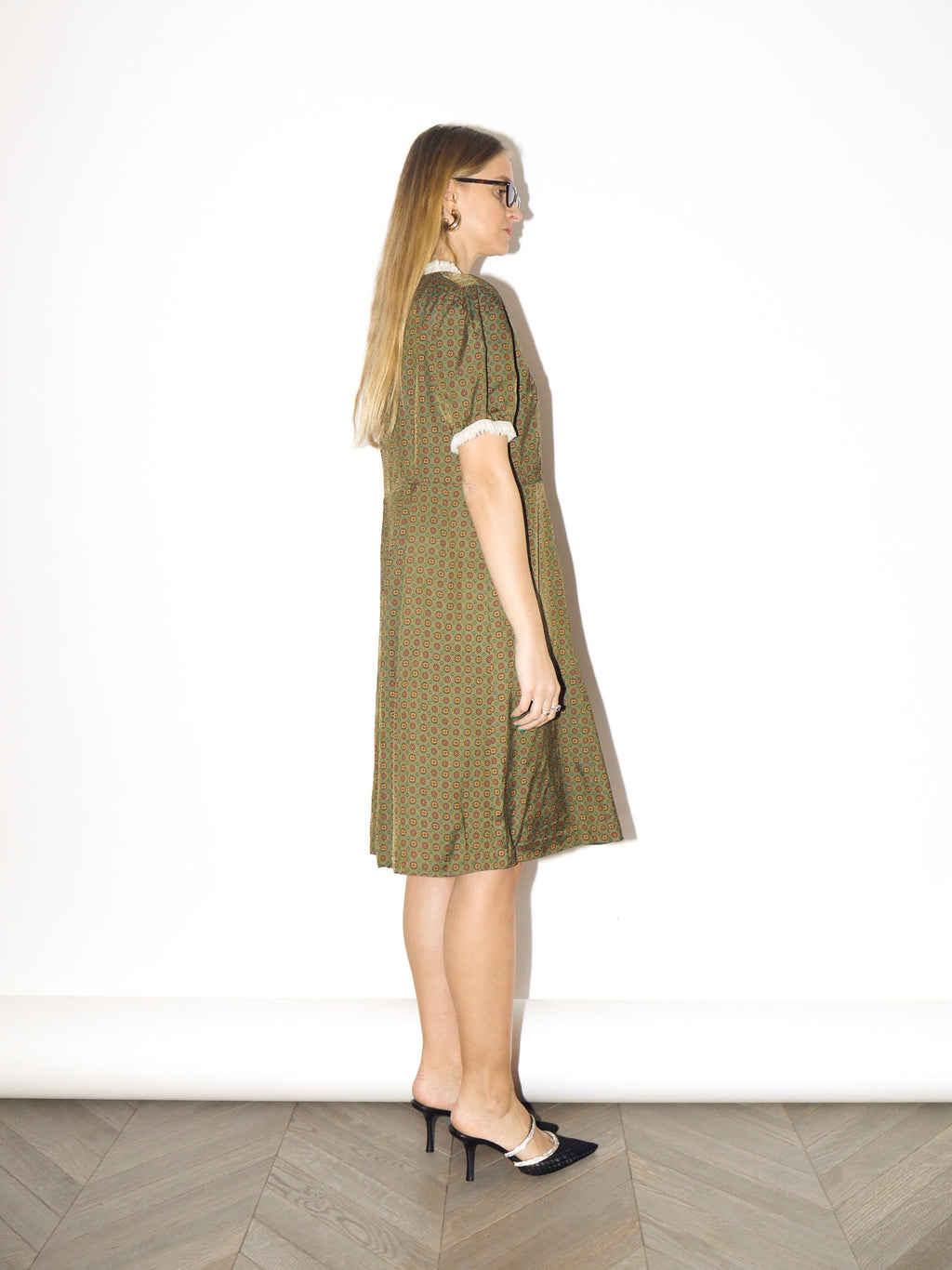 VINTAGE Green Knee-Length Dress from 1970s | Handmade Cream Lace Ruffles Dress