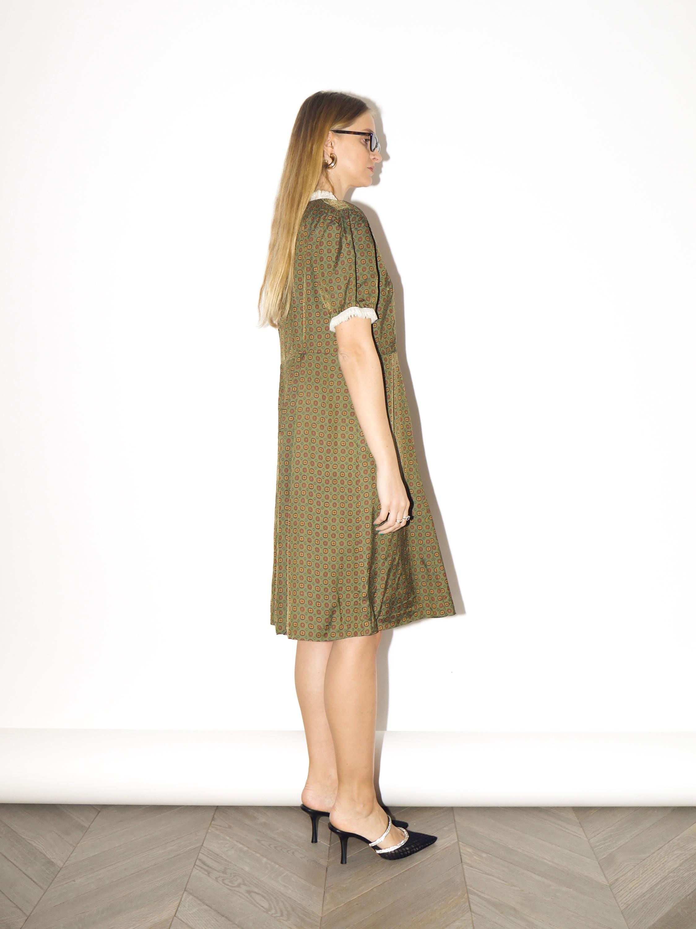 VINTAGE Green Knee-Length Dress from 1970s | Handmade Cream Lace Ruffles Dress