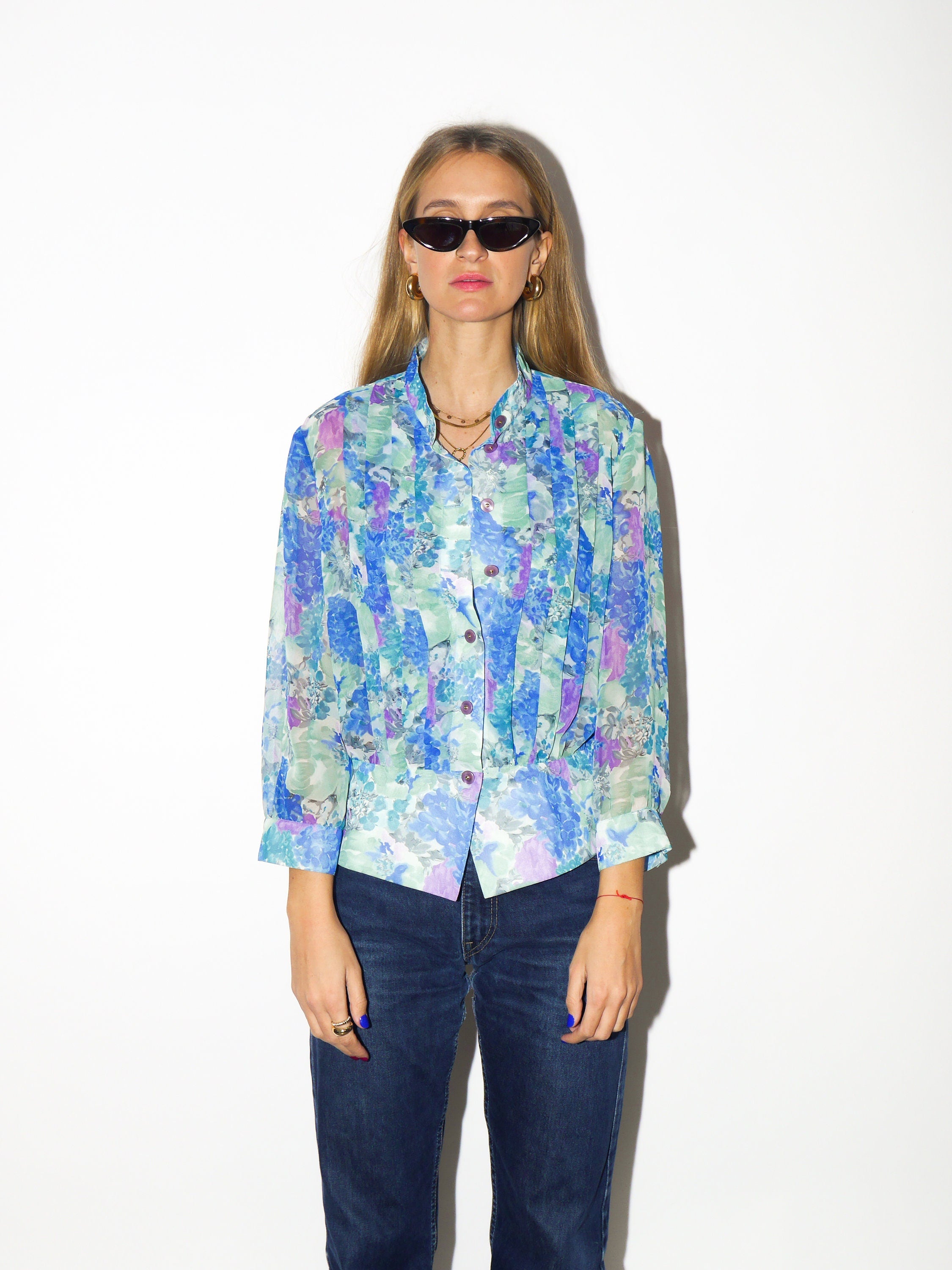 VINTAGE shirt 1980s | vintage peplum shirt | blue purple and green floral pattern shirt | semi sheer shirt | shirt with peplum | oversize