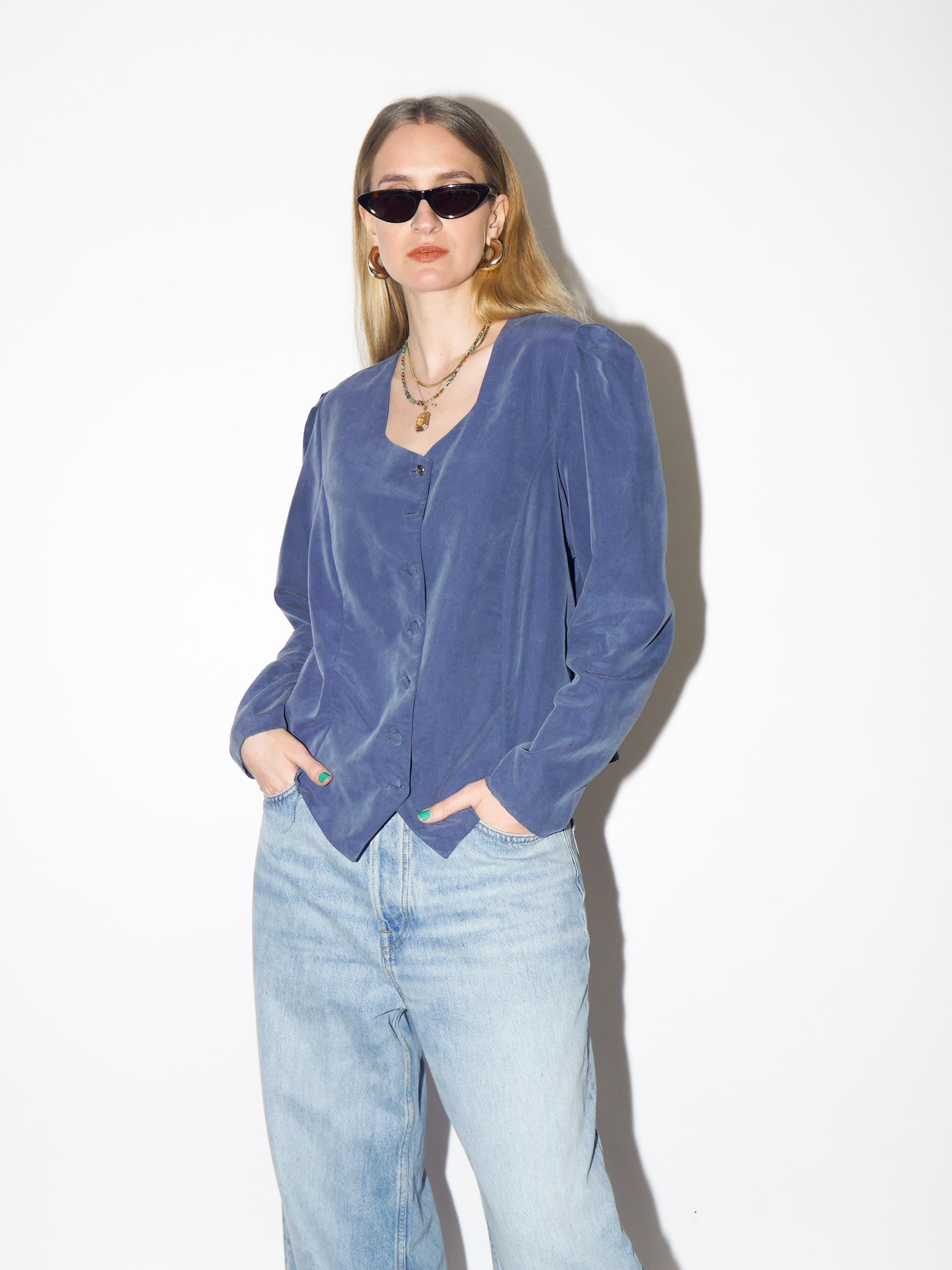 VINTAGE Blue Buttoned Blouse from 1980s with square neckline by Madame Rita®
