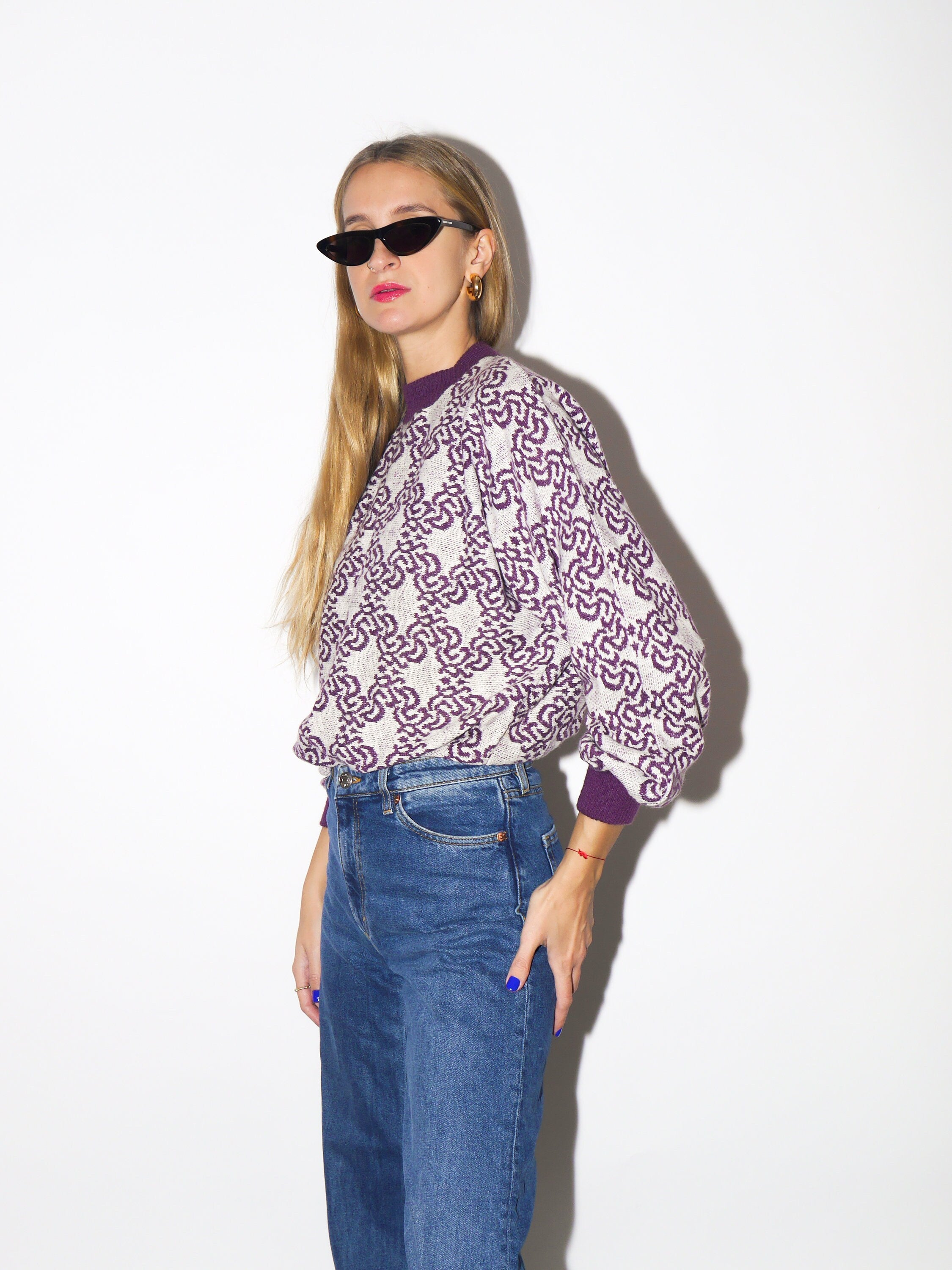 VINTAGE Italian sweater 1980s | purple and white pattern pullover sweater | vintage warm pullover knitwear | retro sweater