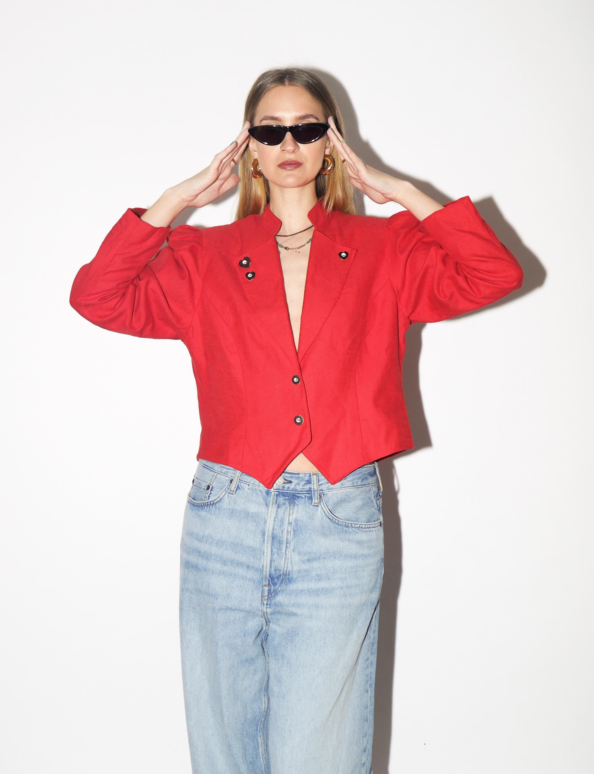 VINTAGE Red Folk Blazer from 1990s made of Cotton & Linen | Original Folk Blazer